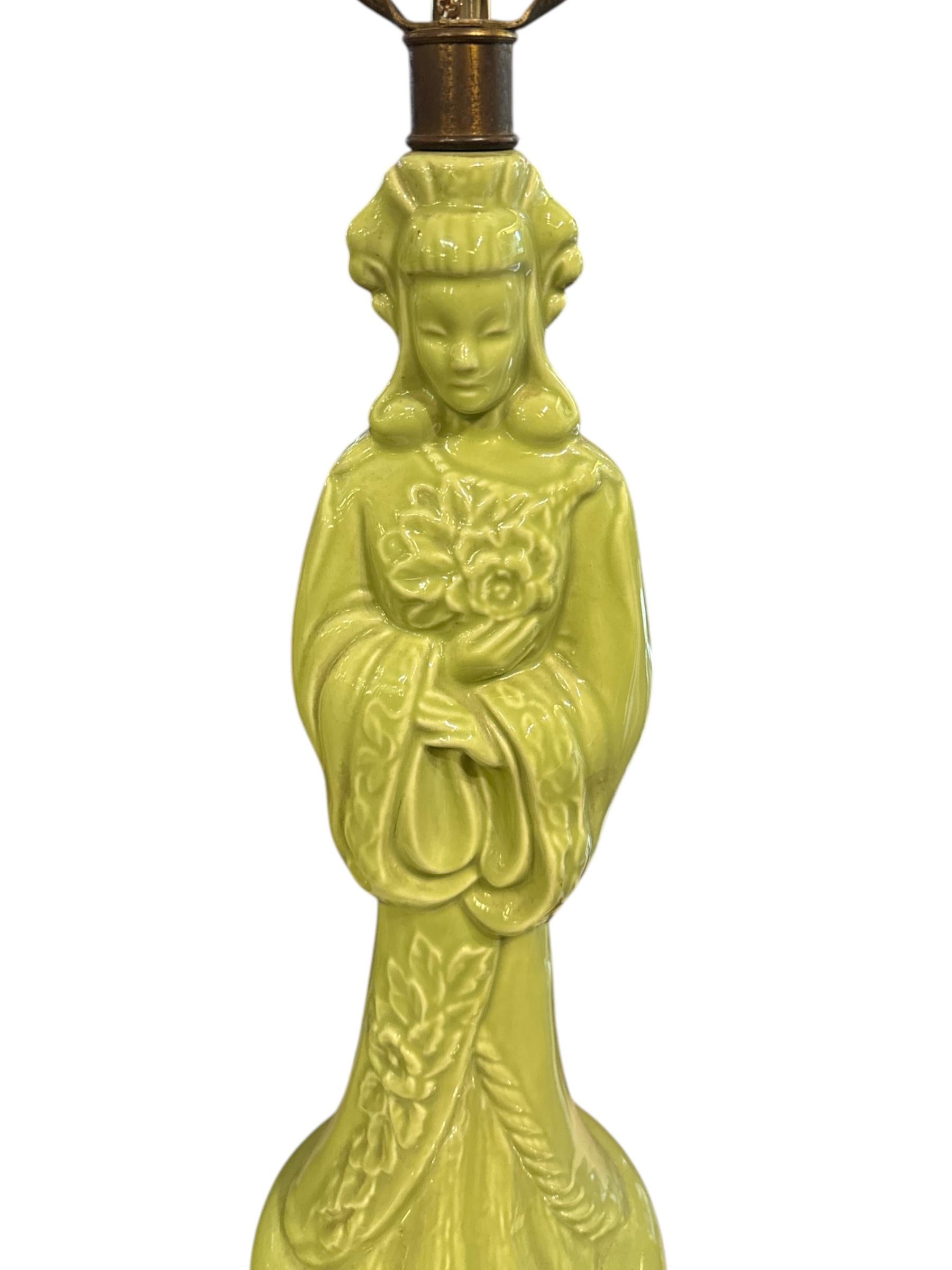 Bring mid-century charm and cultural elegance into your space with this stunning pair of 1960s green ceramic Asian figural lamps featuring a man and woman. Crafted with attention to detail, each lamp showcases a graceful figure in traditional