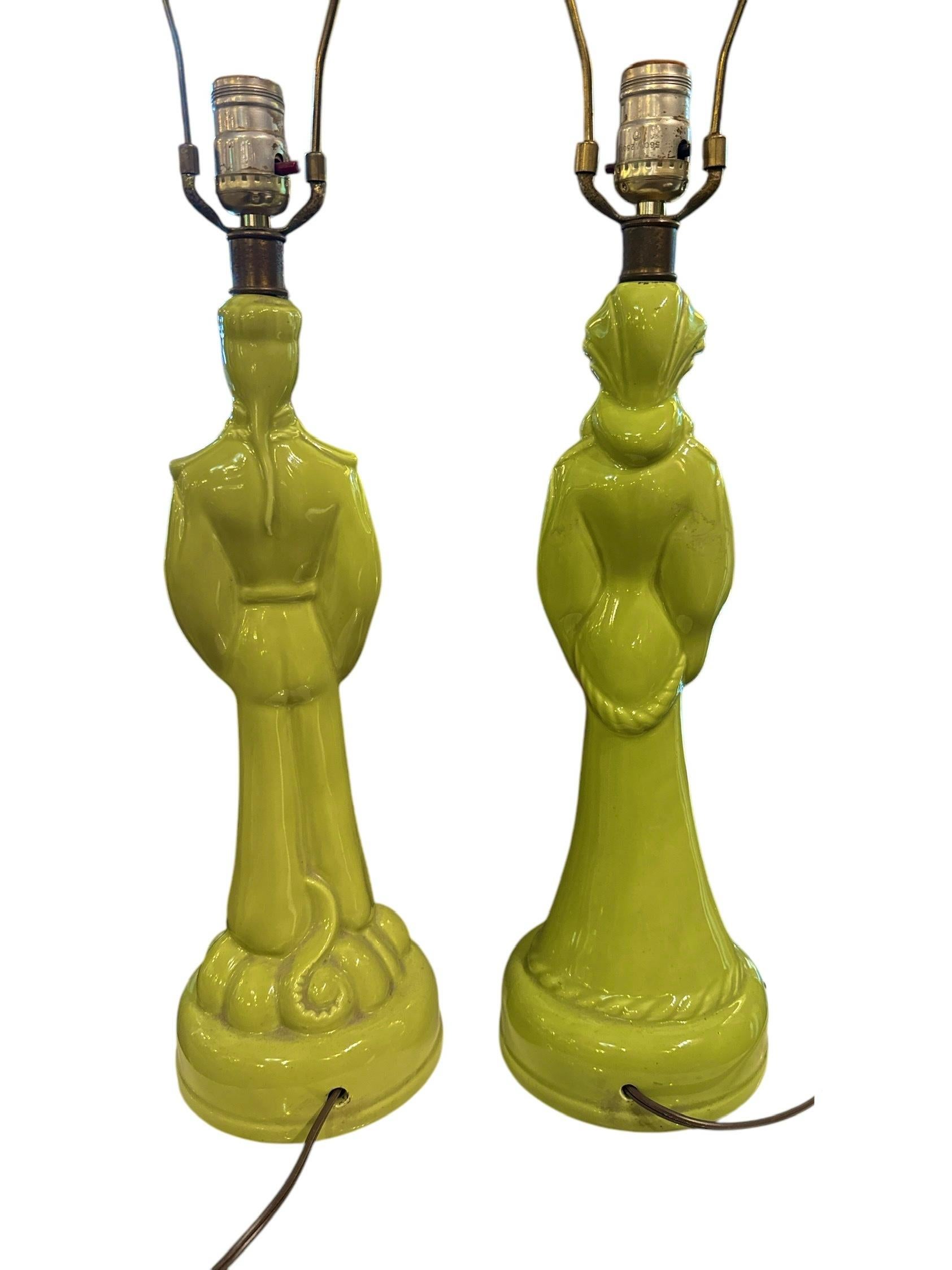 1960s Green Ceramic Asian Figural Lamps In Good Condition For Sale In Pasadena, CA