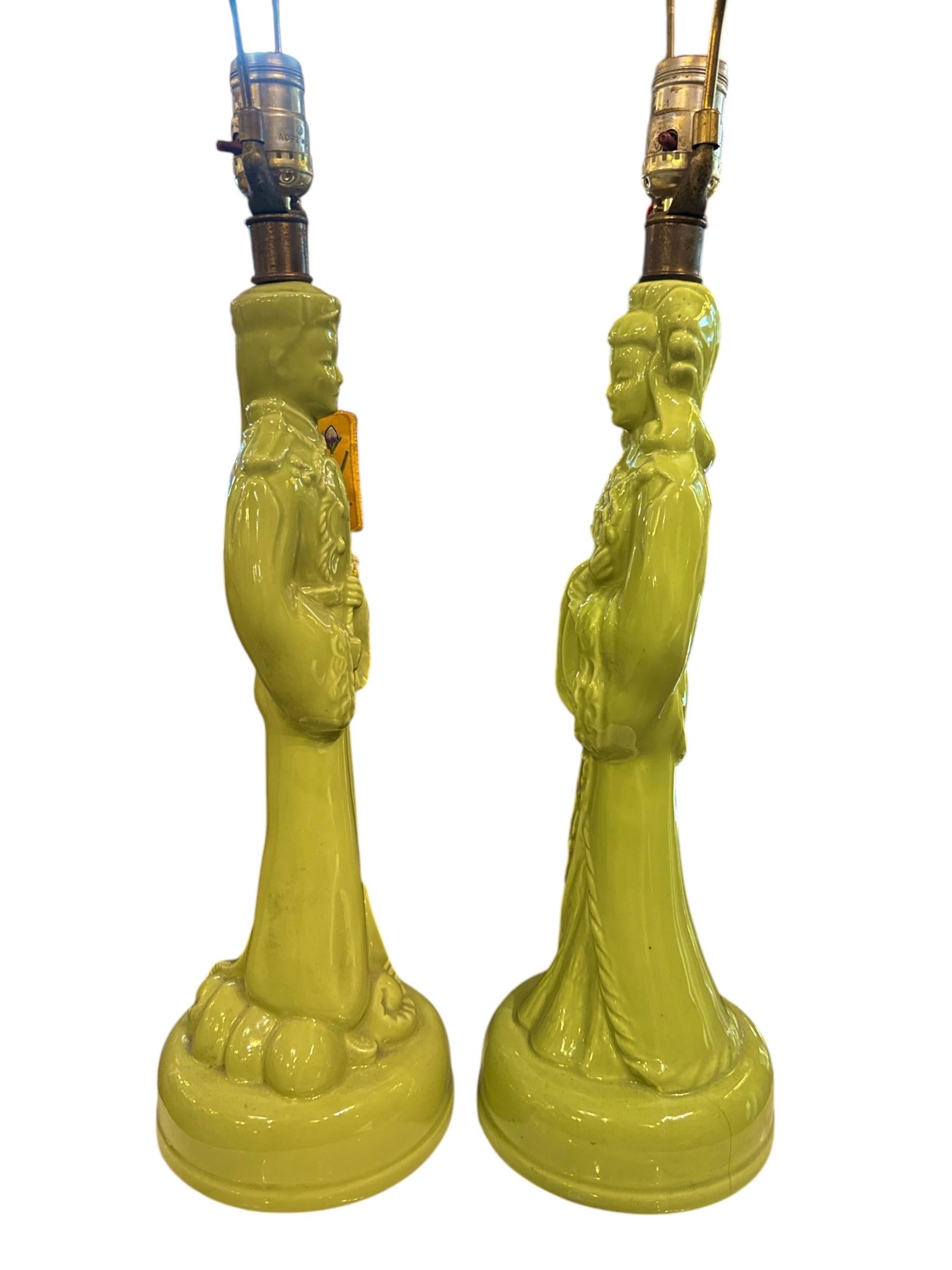 20th Century 1960s Green Ceramic Asian Figural Lamps For Sale