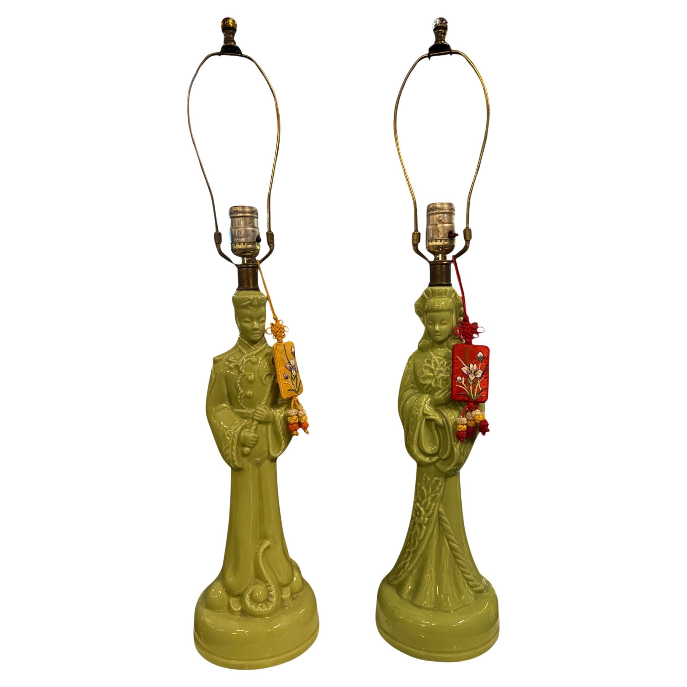 1960s Green Ceramic Asian Figural Lamps For Sale