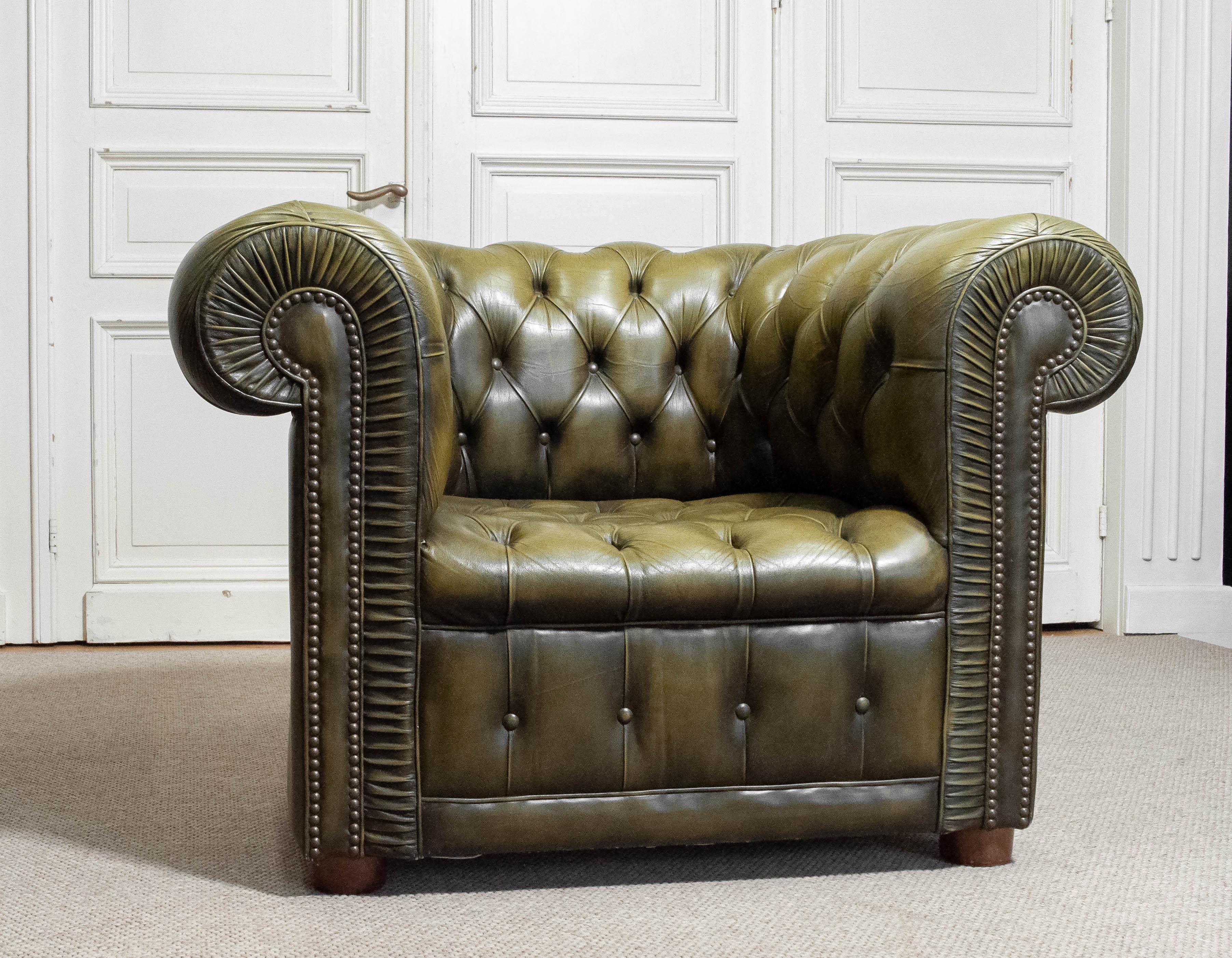 Swedish 1960s Green Chesterfield Club Armchair Sweden For Sale