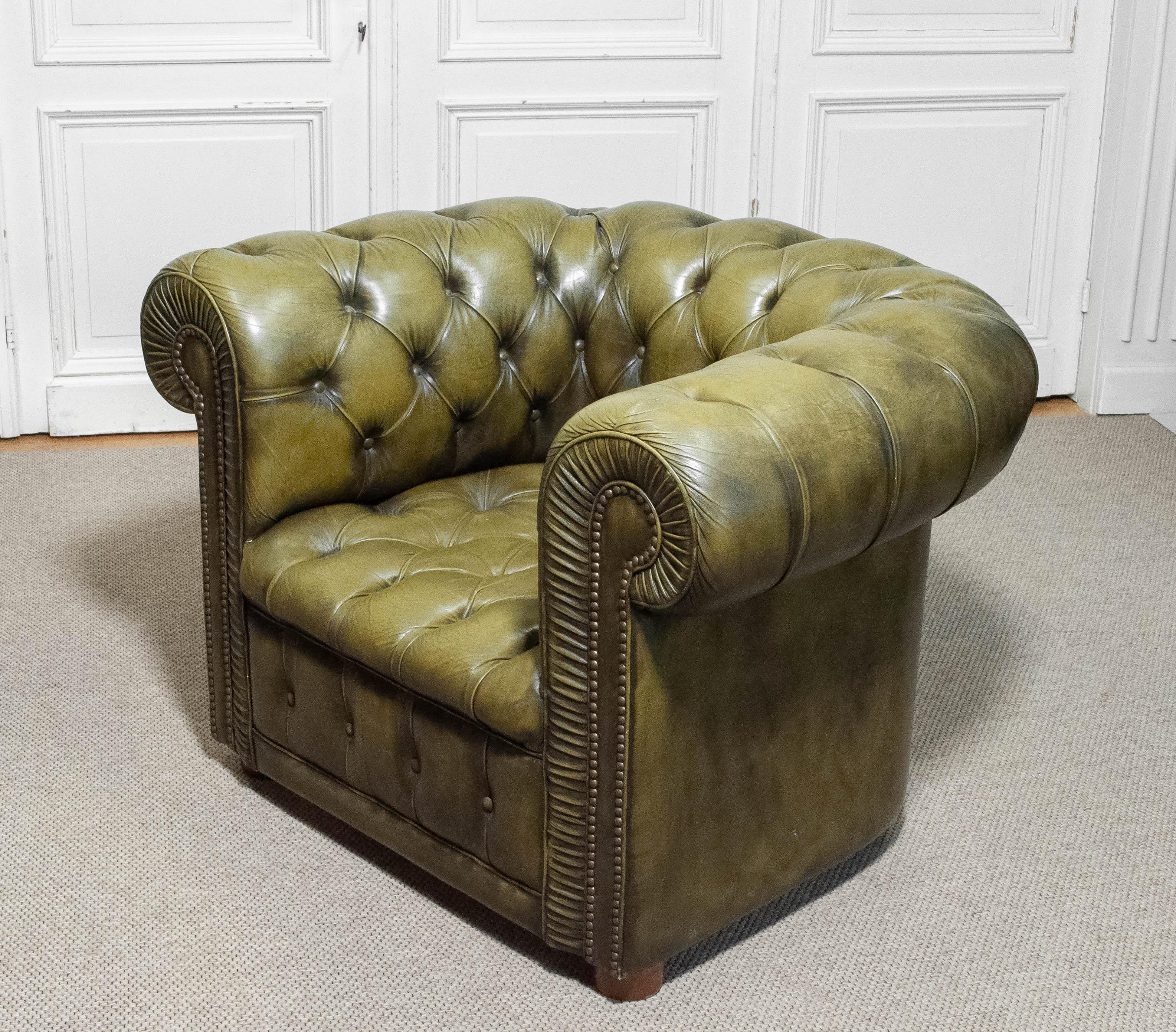 Mid-20th Century 1960s Green Chesterfield Club Armchair Sweden For Sale