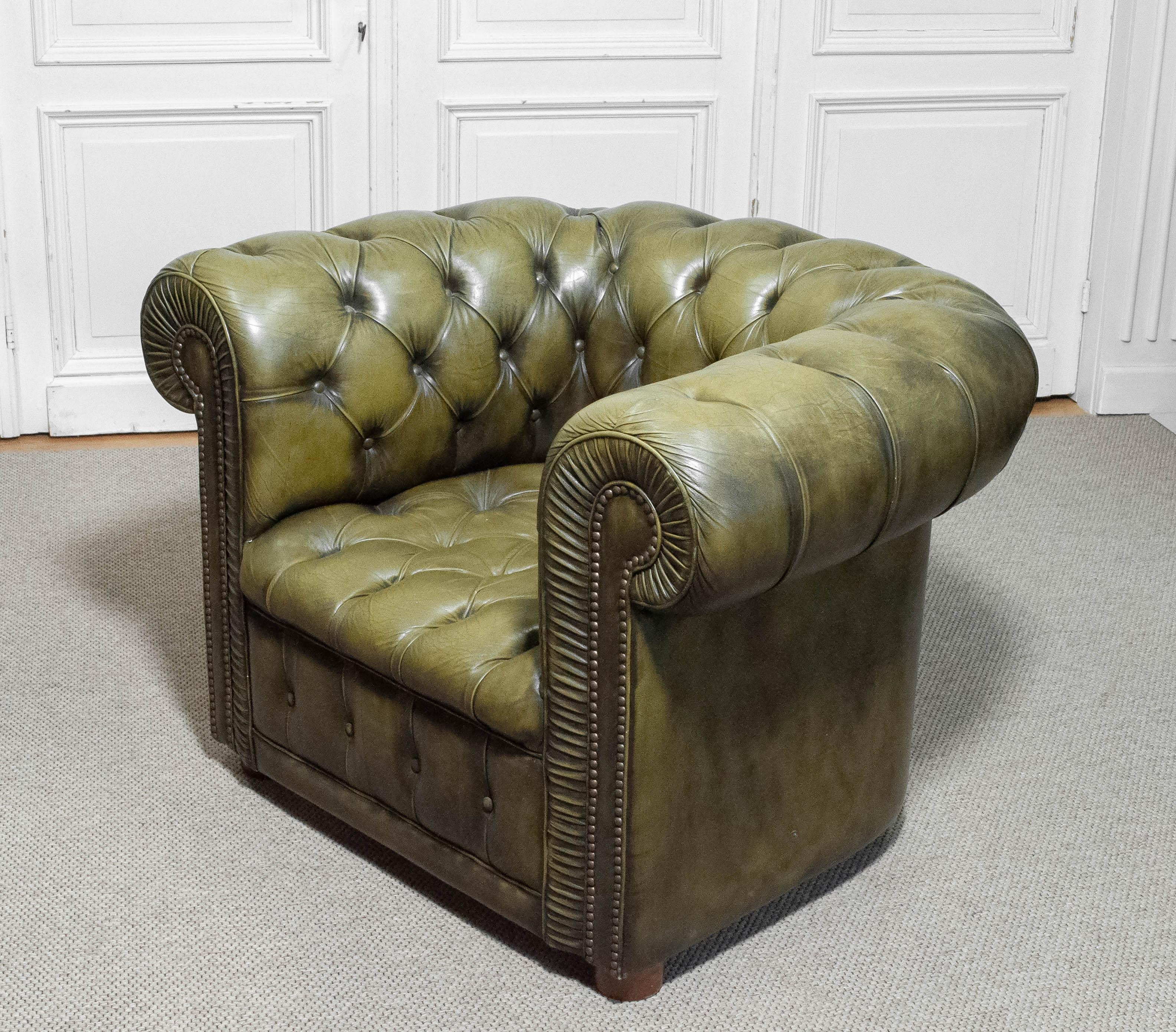Leather 1960s Green Chesterfield Club Armchair Sweden For Sale