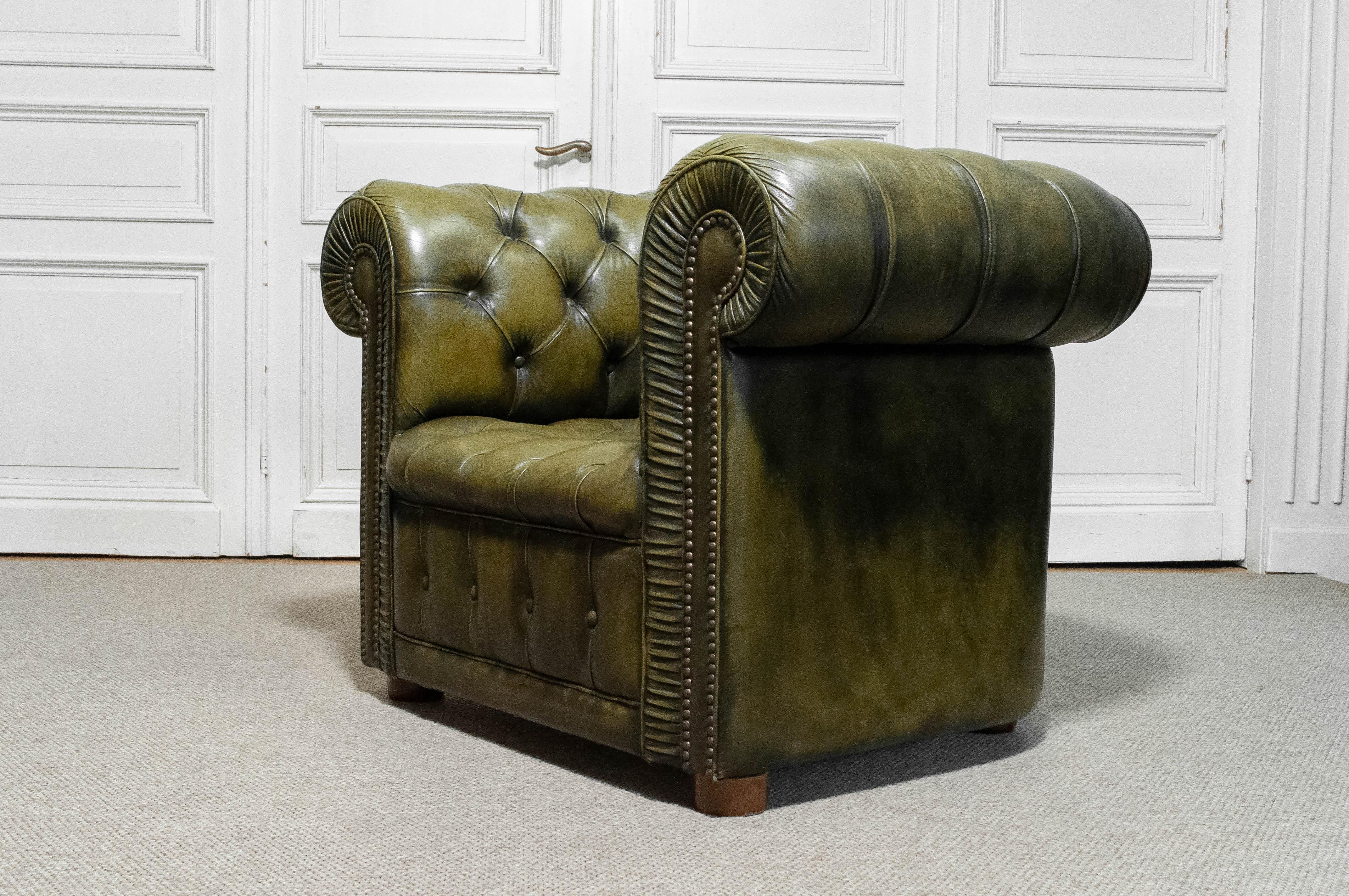 1960s Green Chesterfield Club Armchair Sweden For Sale 1