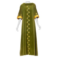 1960's Green Cotton Velvet Dress With Sprays Of Delicate Yellow Embroidered Flow