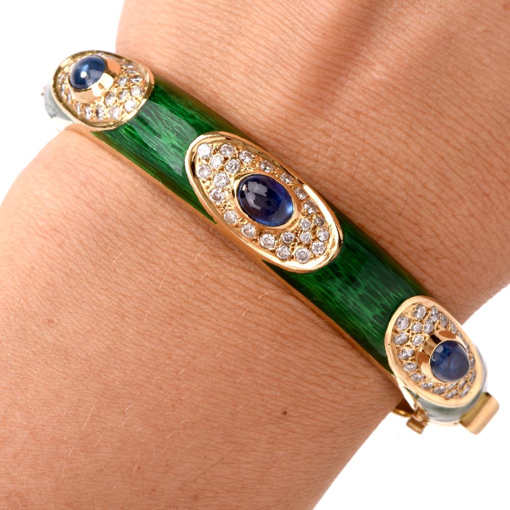 Retro 1960s Green Enamel Sapphire Diamond 18 Karat Gold Bangle Bracelet
