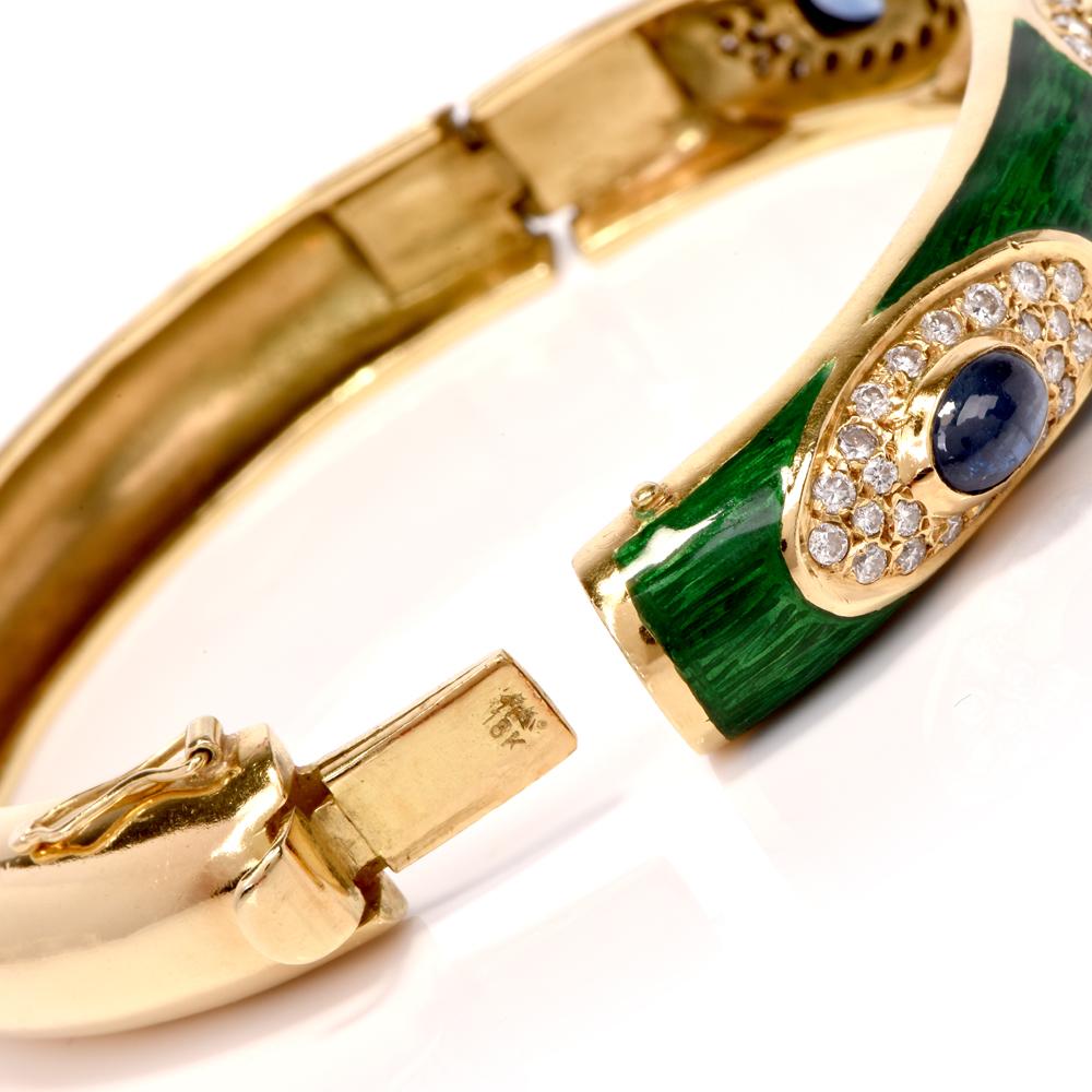 1960s Green Enamel Sapphire Diamond 18 Karat Gold Bangle Bracelet In Excellent Condition In Miami, FL