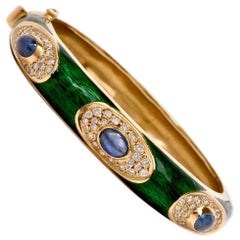 1960s Green Enamel Sapphire Diamond 18 Karat Gold Bangle Bracelet