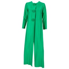 1960s Green Evening Silk Maxi Long Coat 