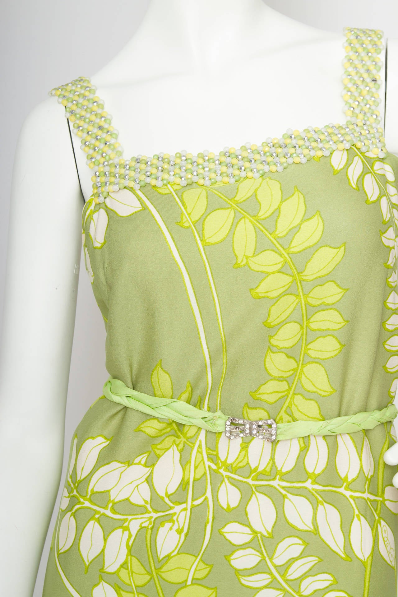 Women's 1960s Green Floral Handmade Silk Dress Size M For Sale