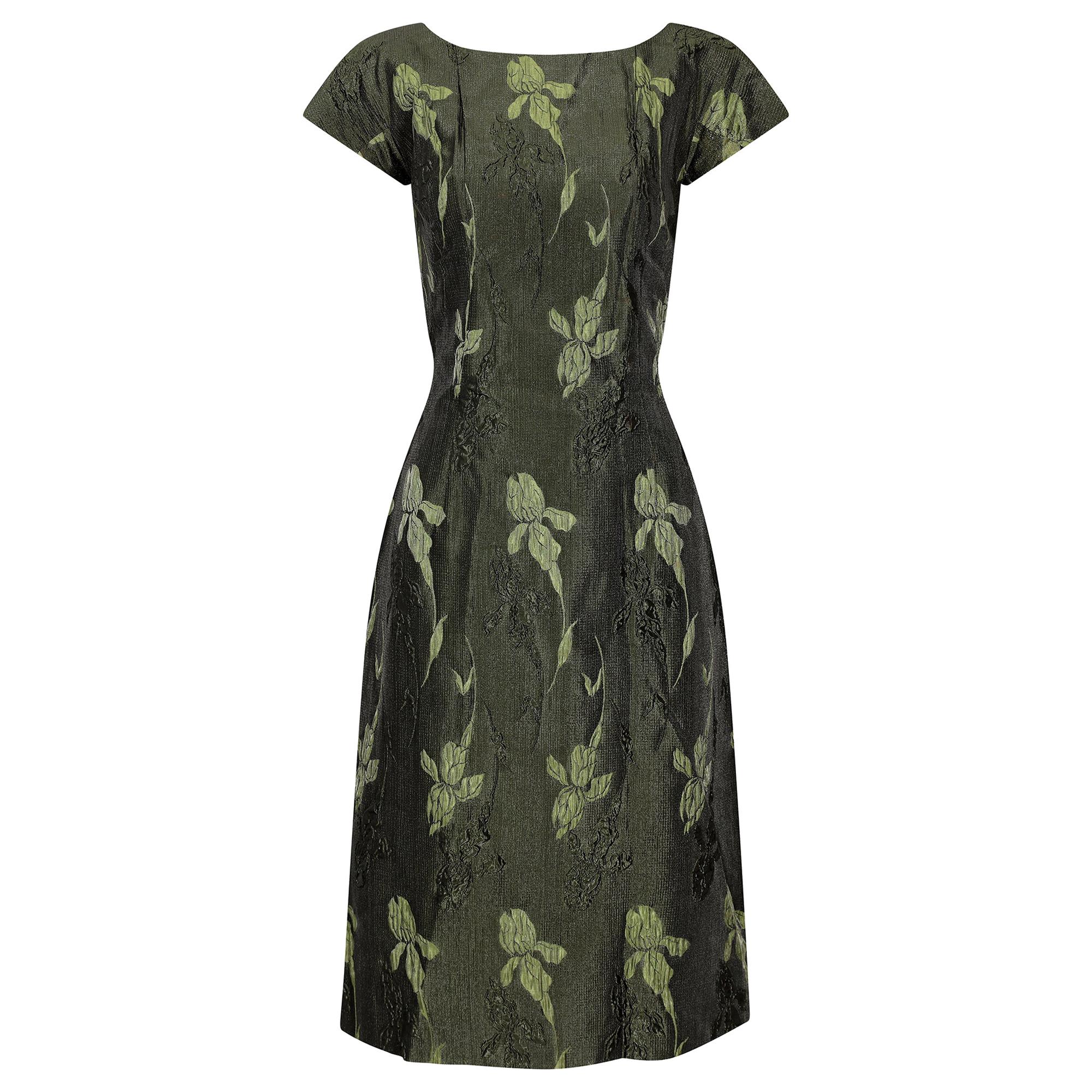 1960s Green Floral Metallic Brocade Dress For Sale