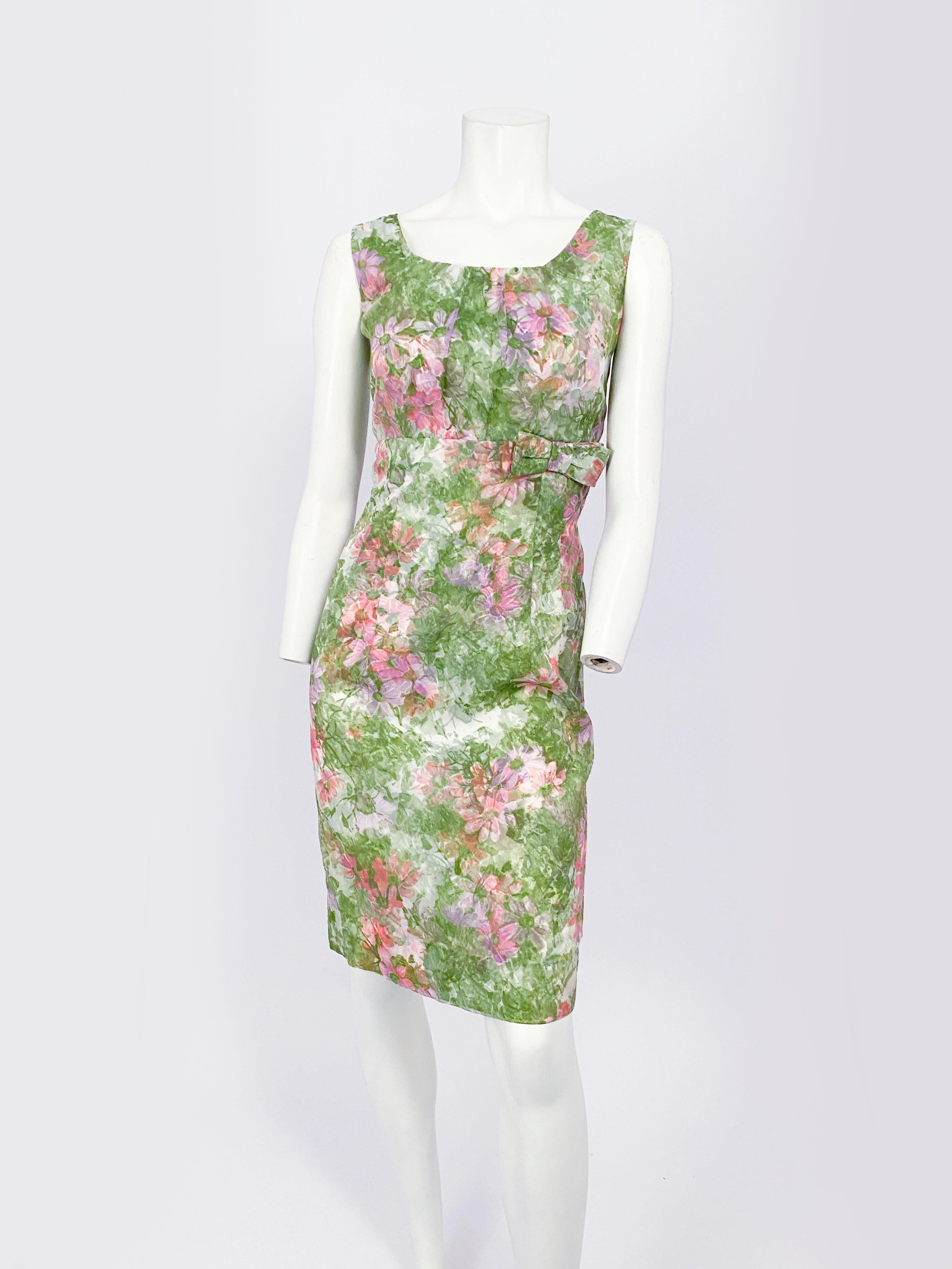 1960s Green Floral Printed Dress and Coat Set In Good Condition In San Francisco, CA