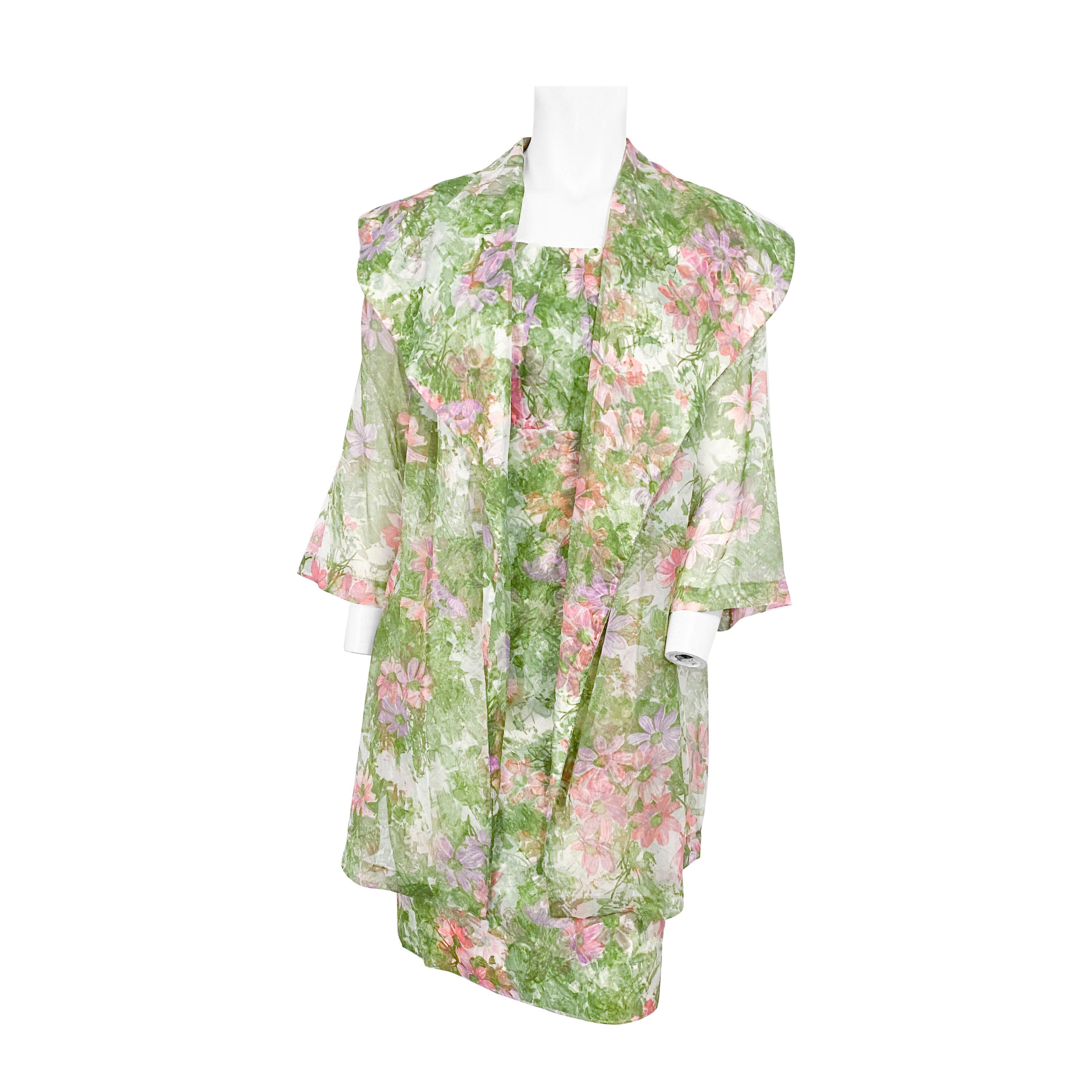 1960s Green Floral Printed Dress and Coat Set