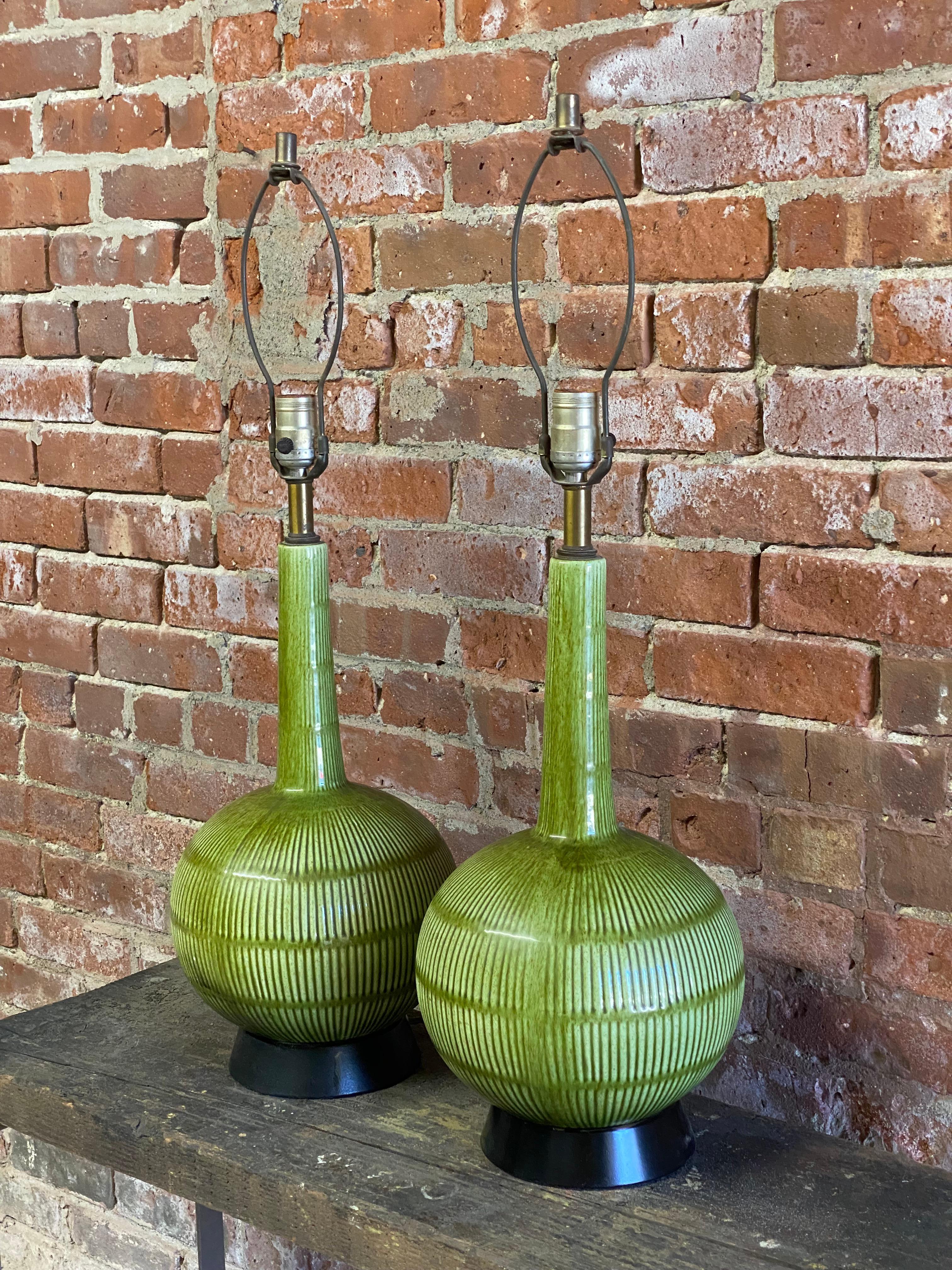 Mid-Century Modern 1960s Green Glaze Asian Inspired Ceramic Table Lamps, a Pair