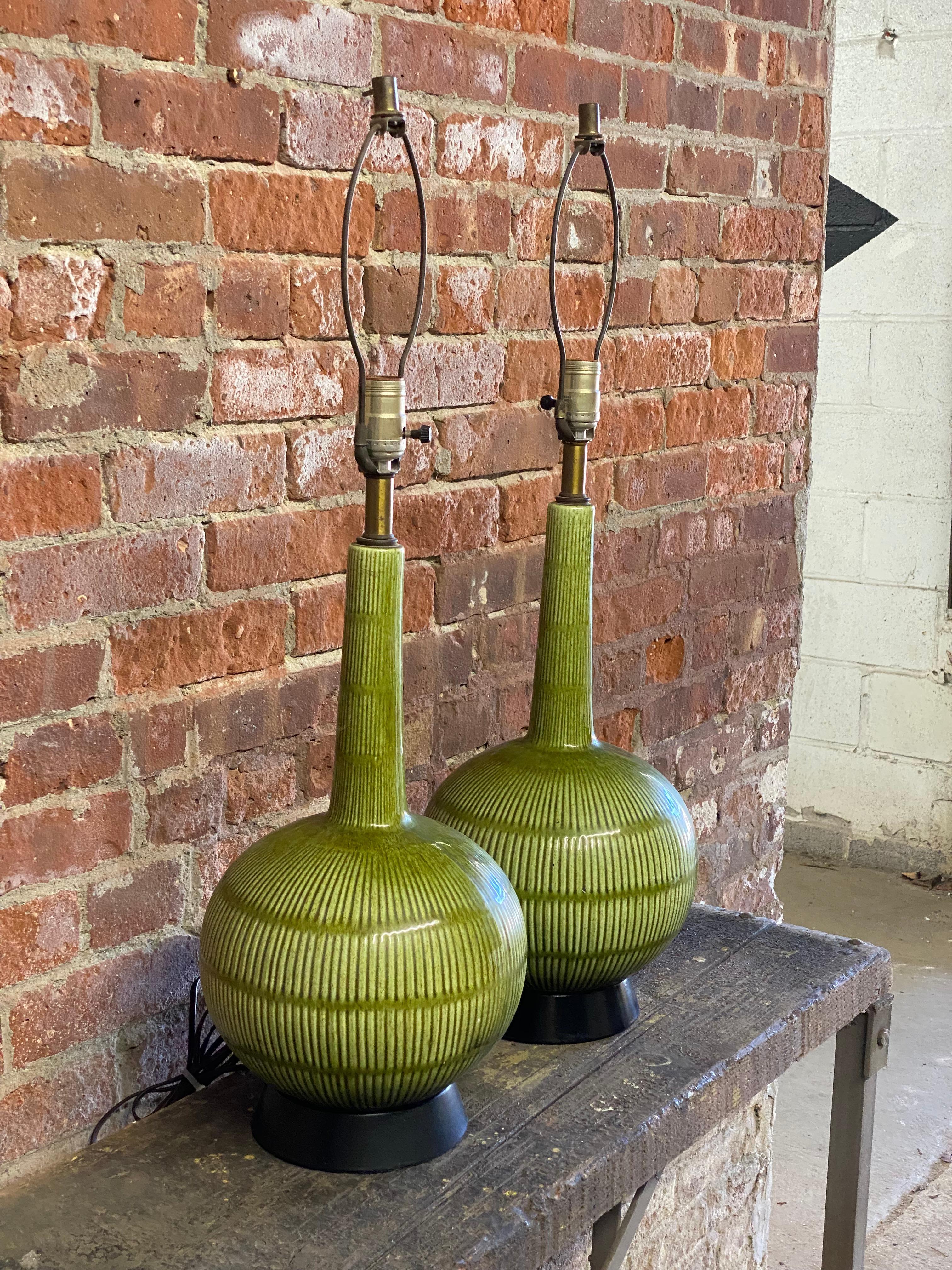 American 1960s Green Glaze Asian Inspired Ceramic Table Lamps, a Pair