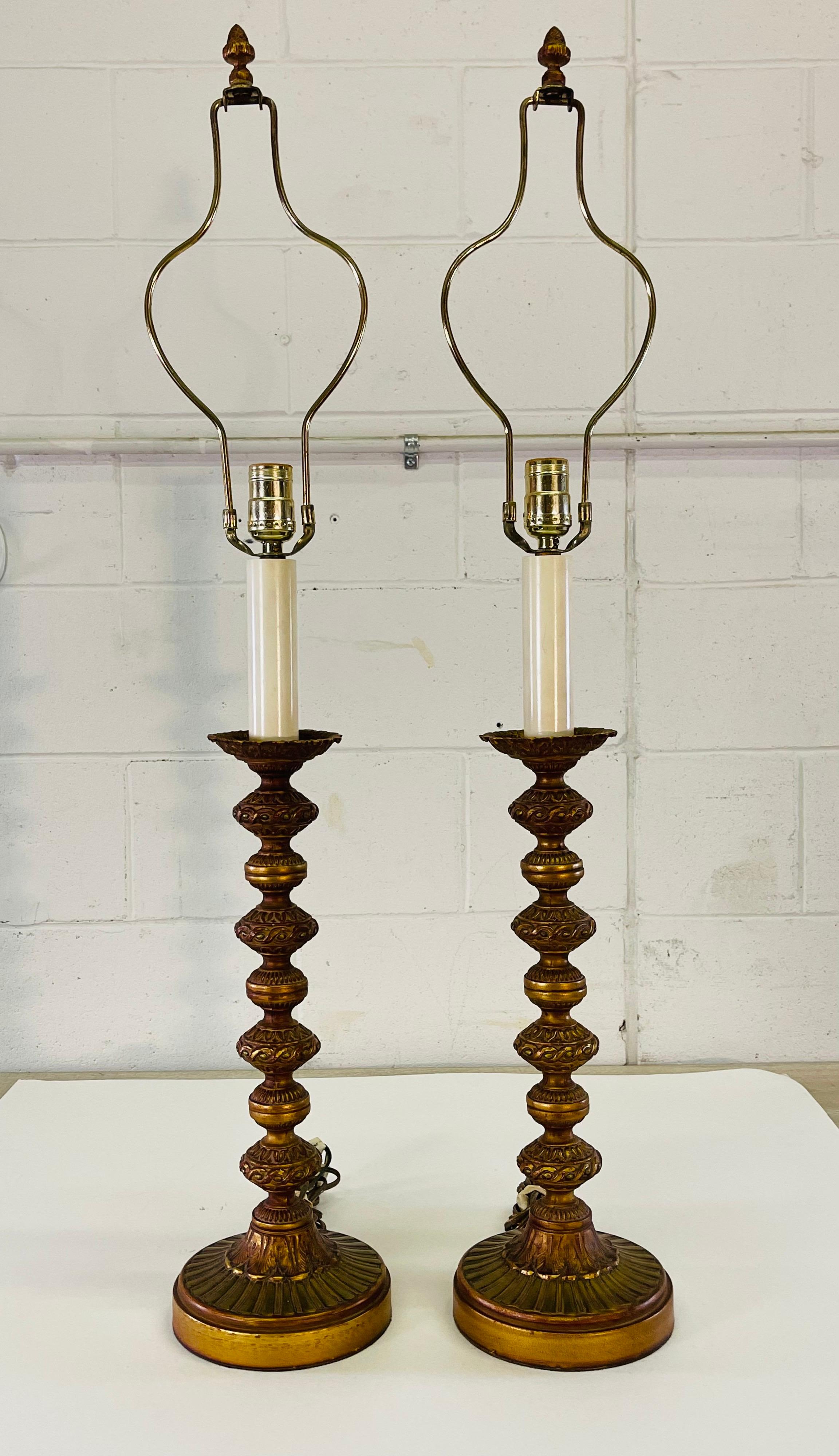 1960s Green & Gold Metal Tall Table Lamps with Shades, Pair In Good Condition In Amherst, NH