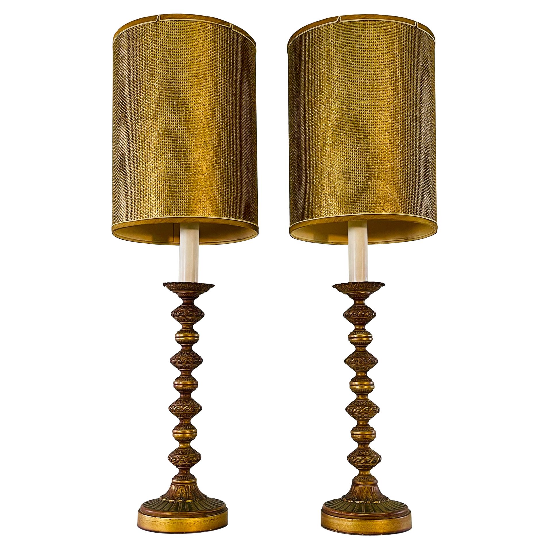 1960s Green & Gold Metal Tall Table Lamps with Shades, Pair