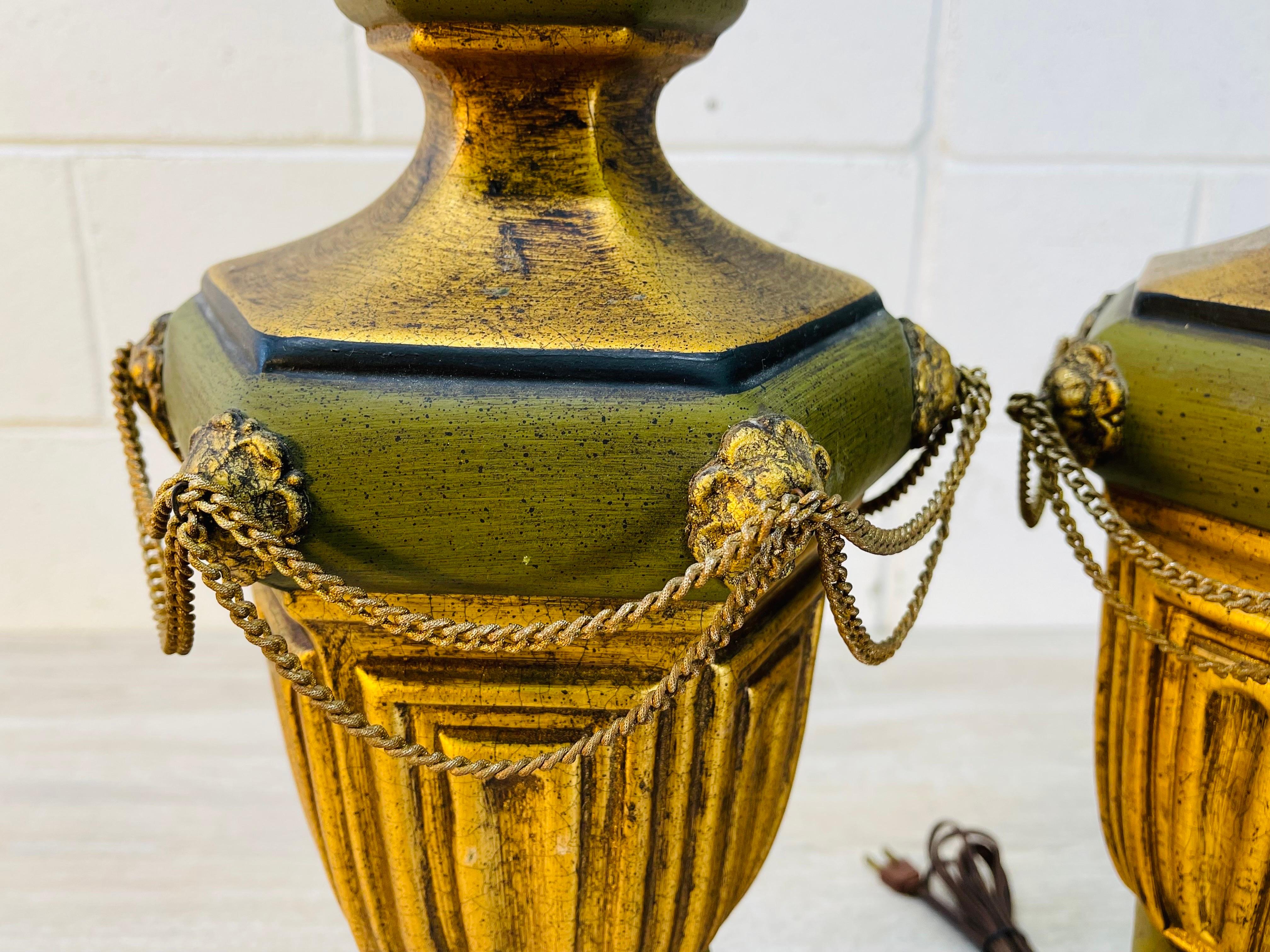 Mid-Century Modern 1960s Green & Gold Urn Style Lamps, Pair For Sale