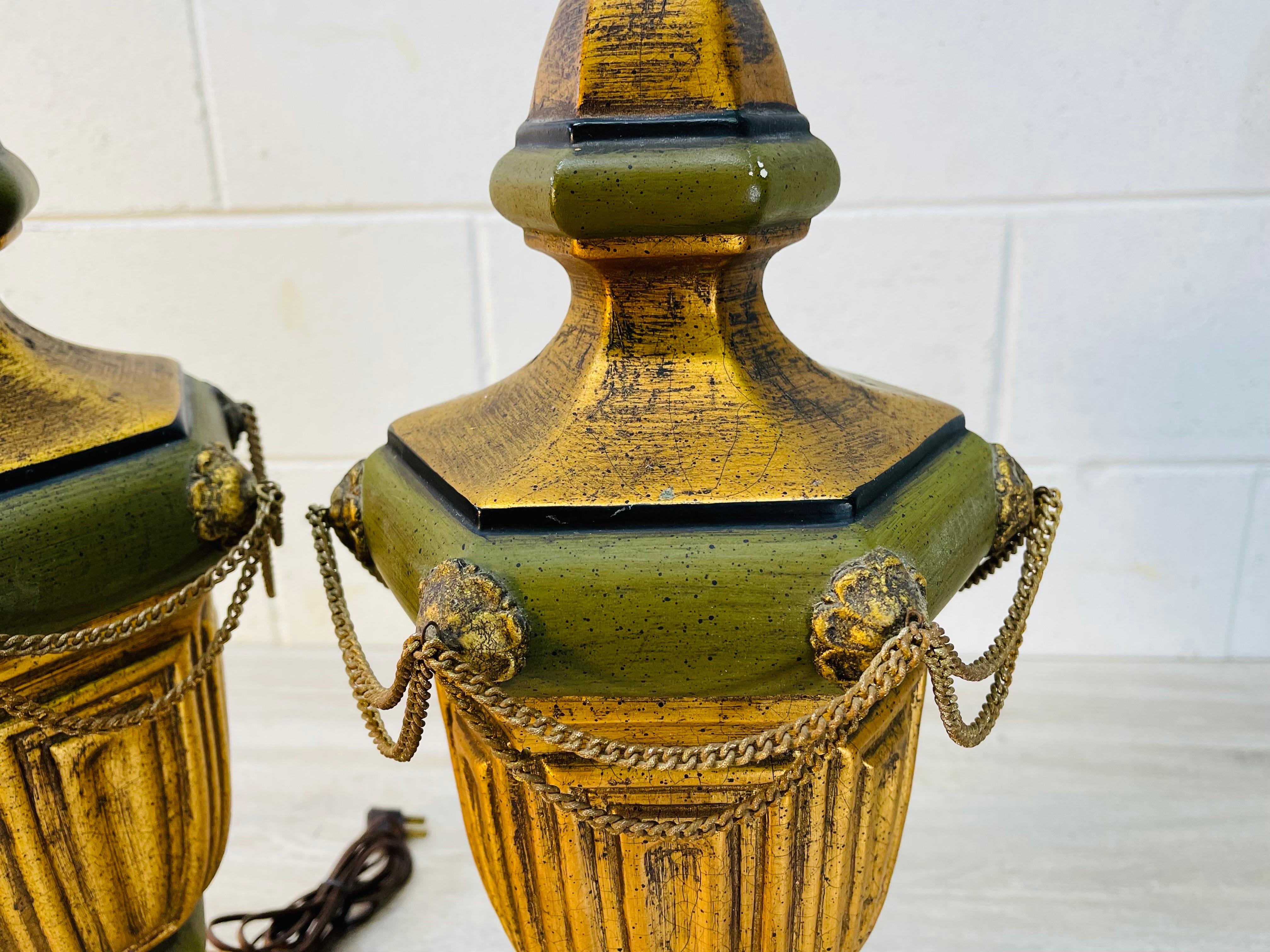 1960s Green & Gold Urn Style Lamps, Pair In Good Condition For Sale In Amherst, NH