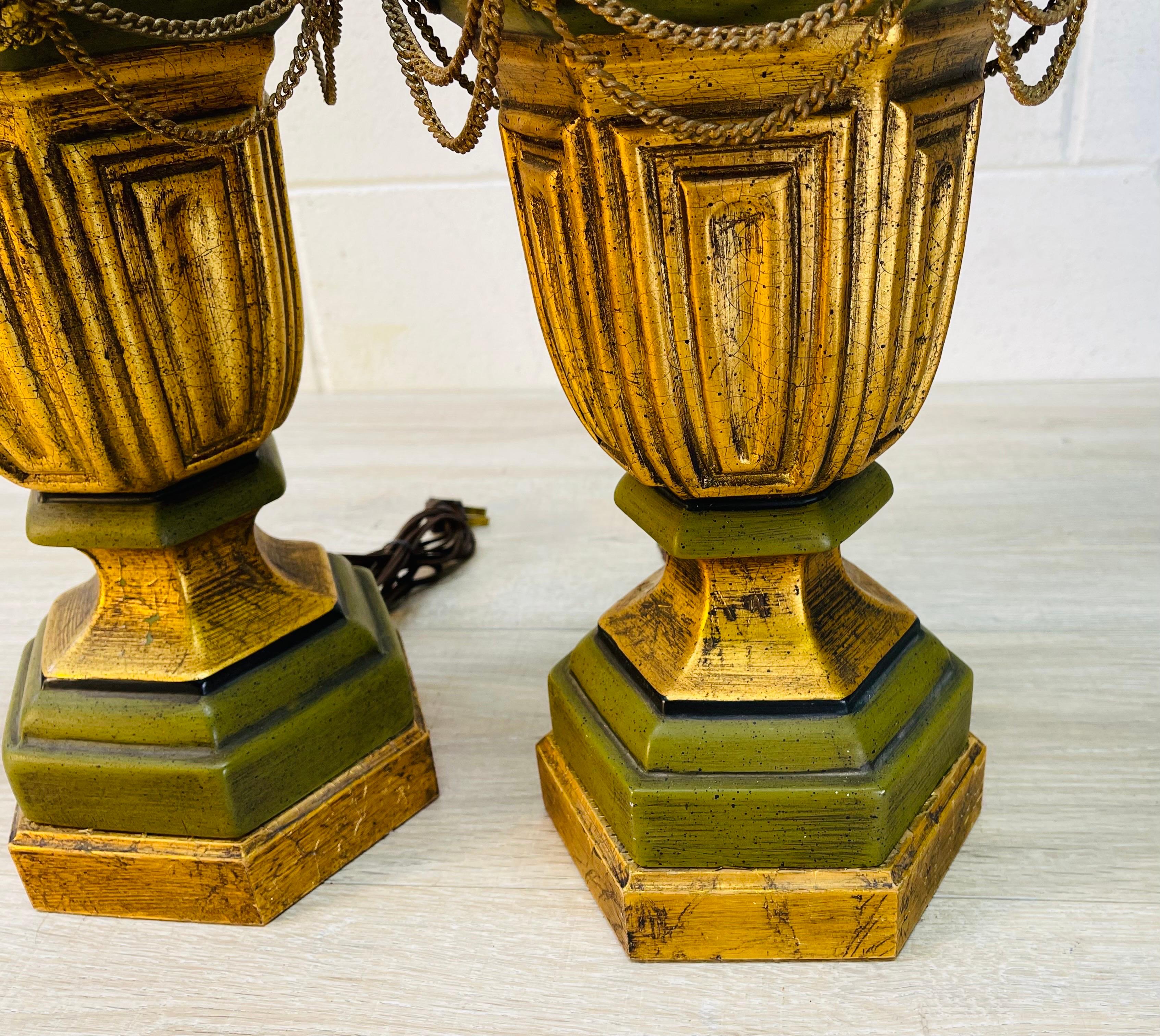 20th Century 1960s Green & Gold Urn Style Lamps, Pair For Sale