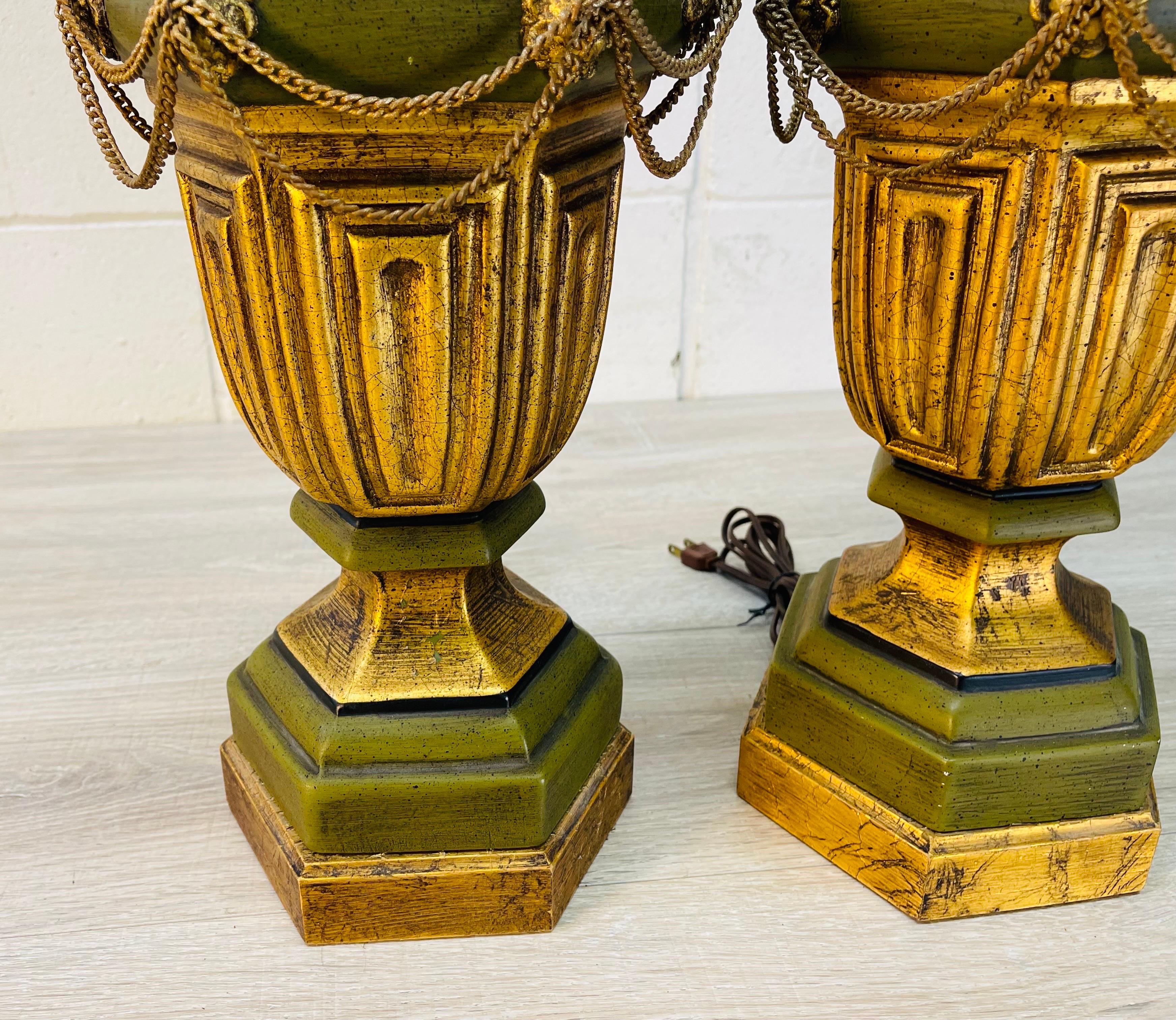 Metal 1960s Green & Gold Urn Style Lamps, Pair For Sale