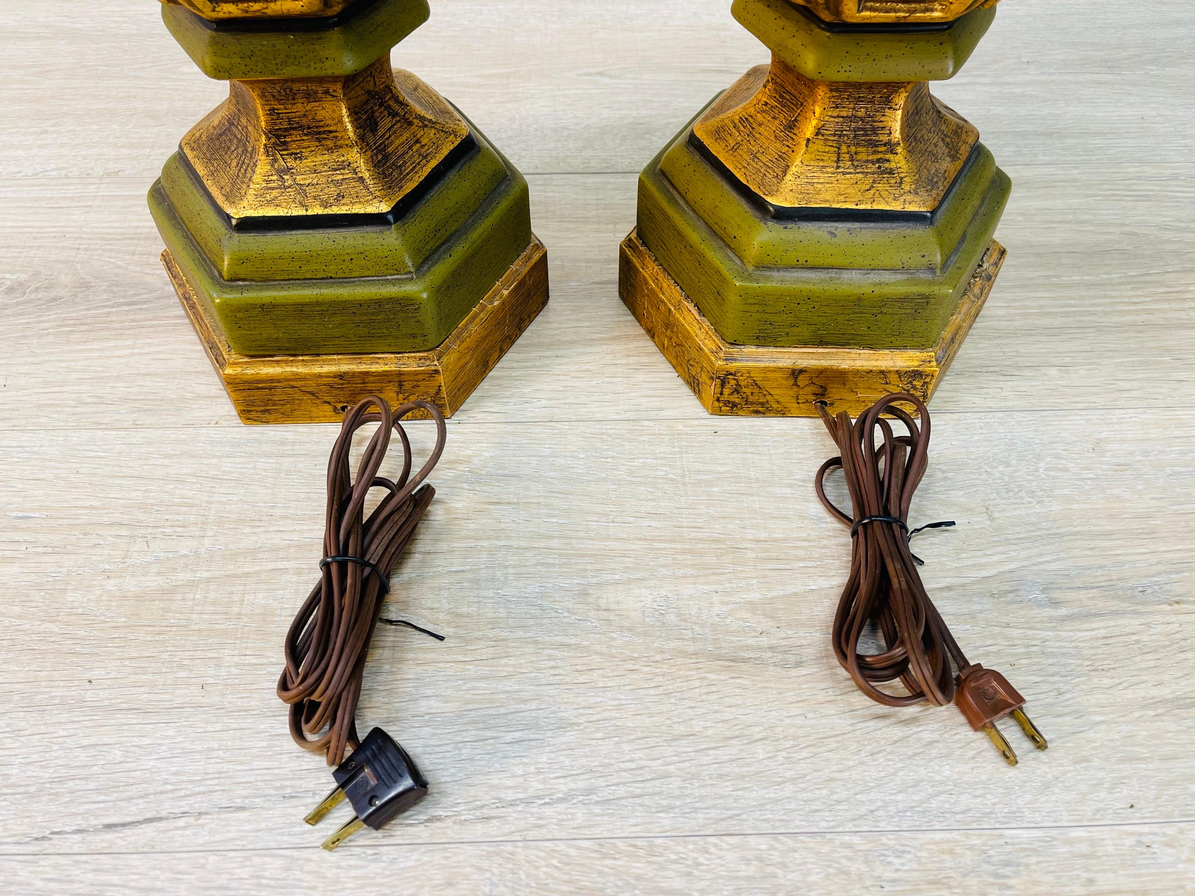 1960s Green & Gold Urn Style Lamps, Pair For Sale 2