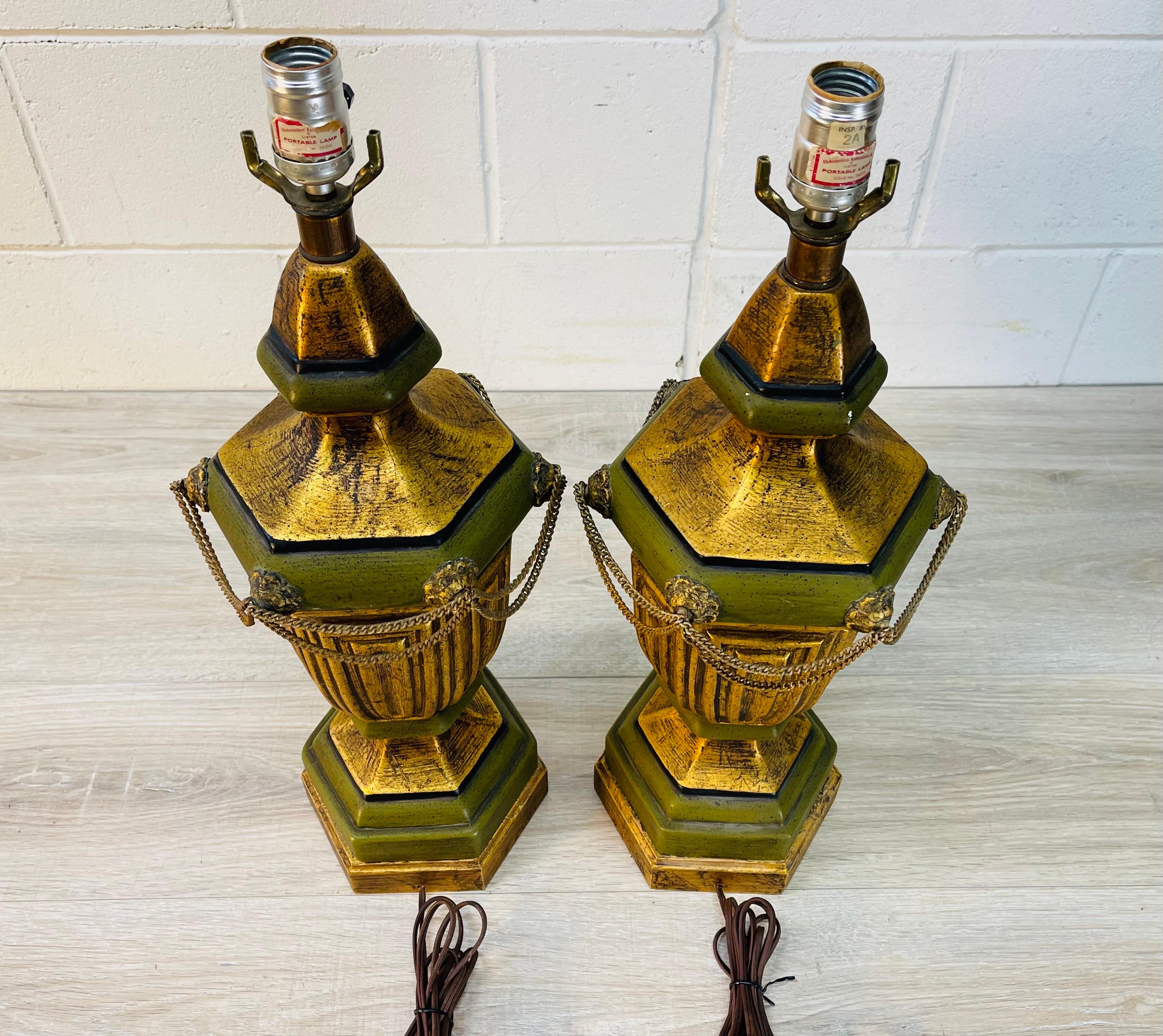 1960s Green & Gold Urn Style Lamps, Pair For Sale 3