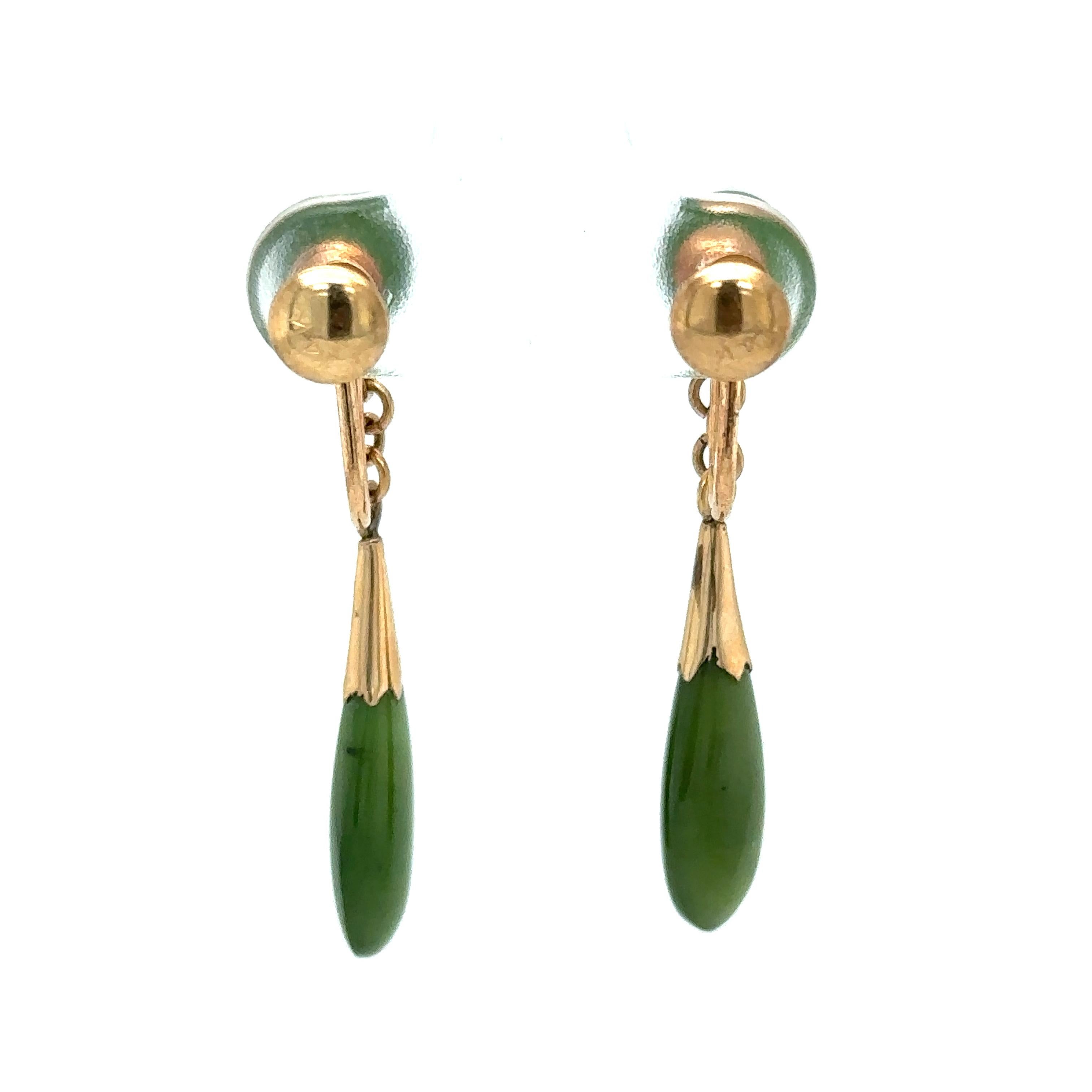 Women's or Men's 1960s Green Jade Dangle Screw Back Earrings in 14 Karat Gold For Sale
