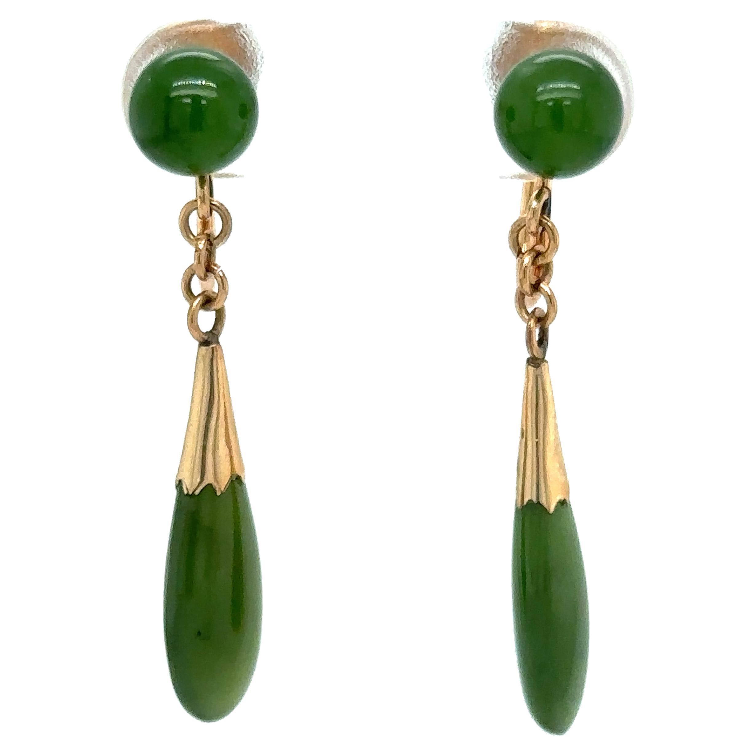 1960s Green Jade Dangle Screw Back Earrings in 14 Karat Gold For Sale