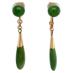 Vintage 1960s Green Jade Dangle Screw Back Earrings in 14 Karat Gold