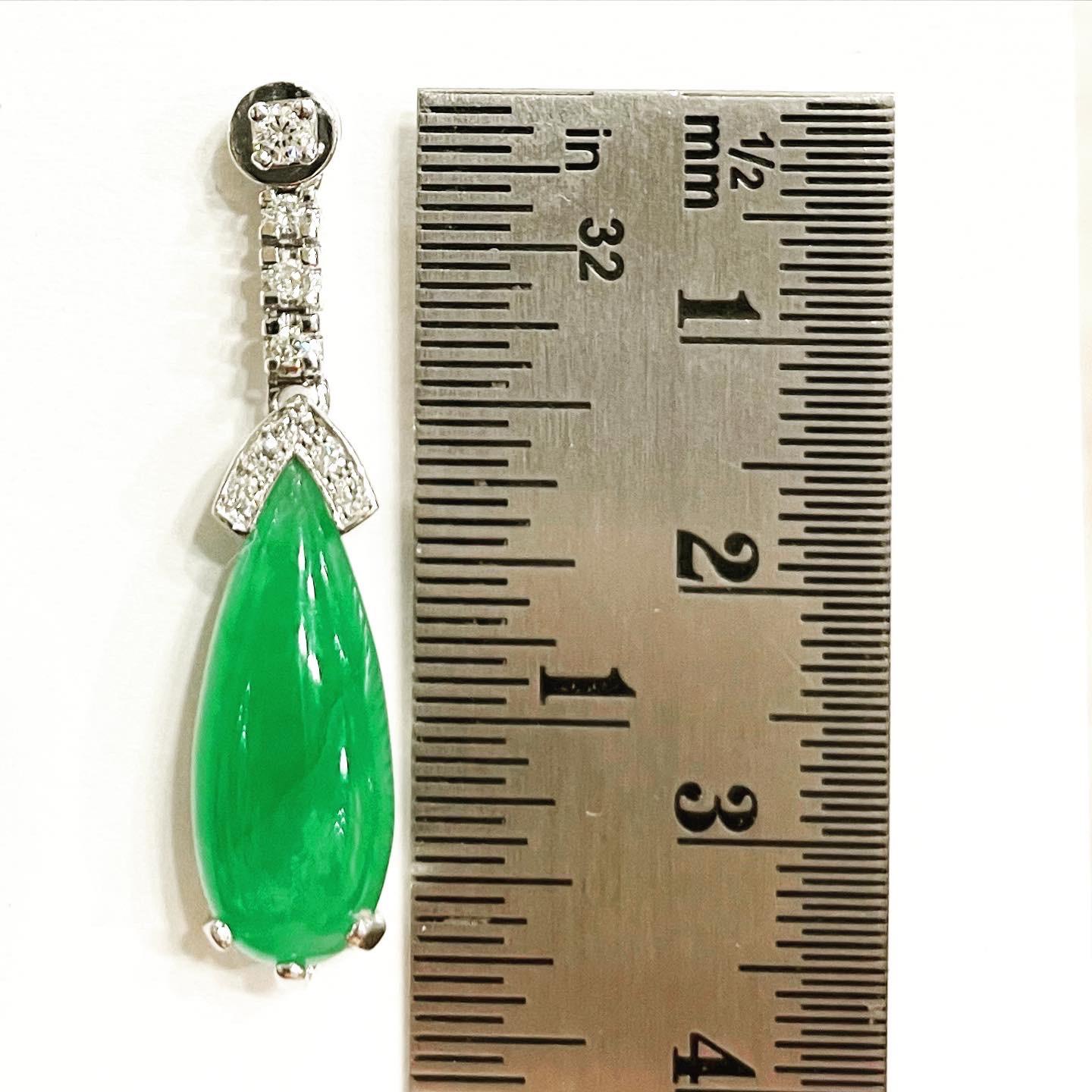 1960s Green Jadeite jade Diamonds 18k White Gold Stud Pear Drop Long Earrings 3