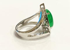 1960s, Green Jadeite Jade Diamonds Halo 18k White Gold Cluster Ring