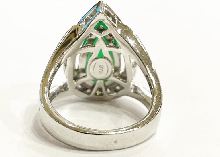 Modern 1960s, Green Jadeite Jade Diamonds Halo 18k White Gold Cluster Ring For Sale