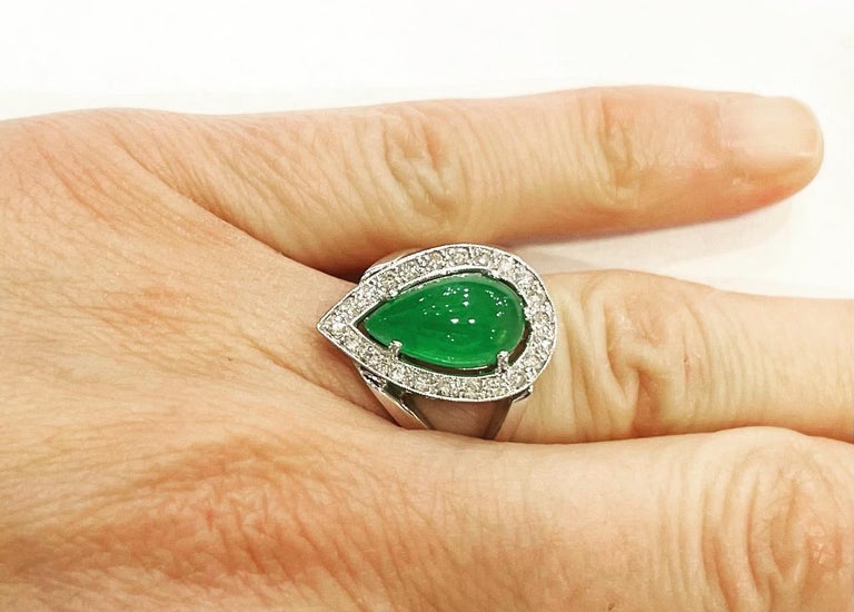 Brilliant Cut 1960s, Green Jadeite Jade Diamonds Halo 18k White Gold Cluster Ring For Sale