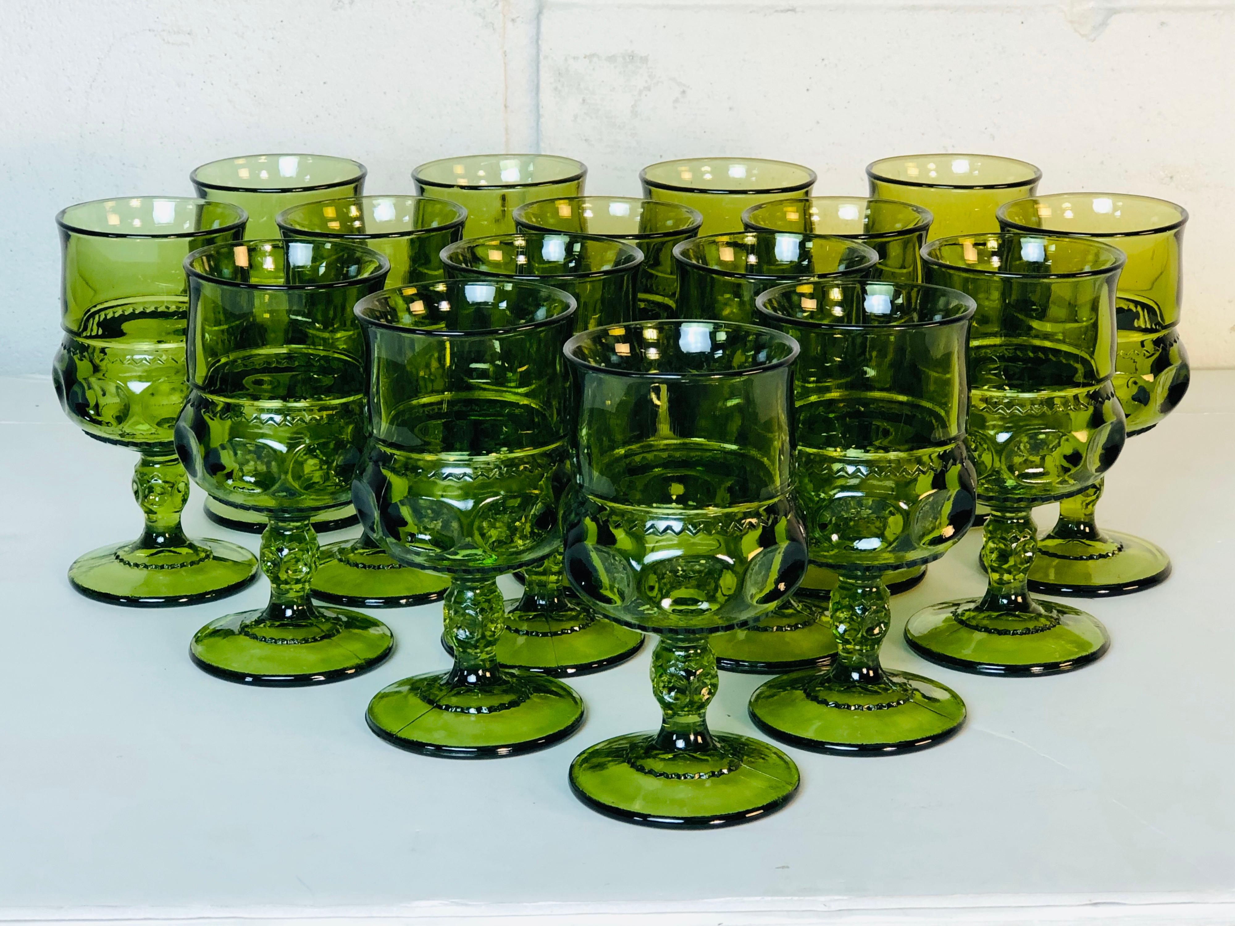 Vintage 1960s green Kings Crown glass thumbprint stems, set of 16. No marks.