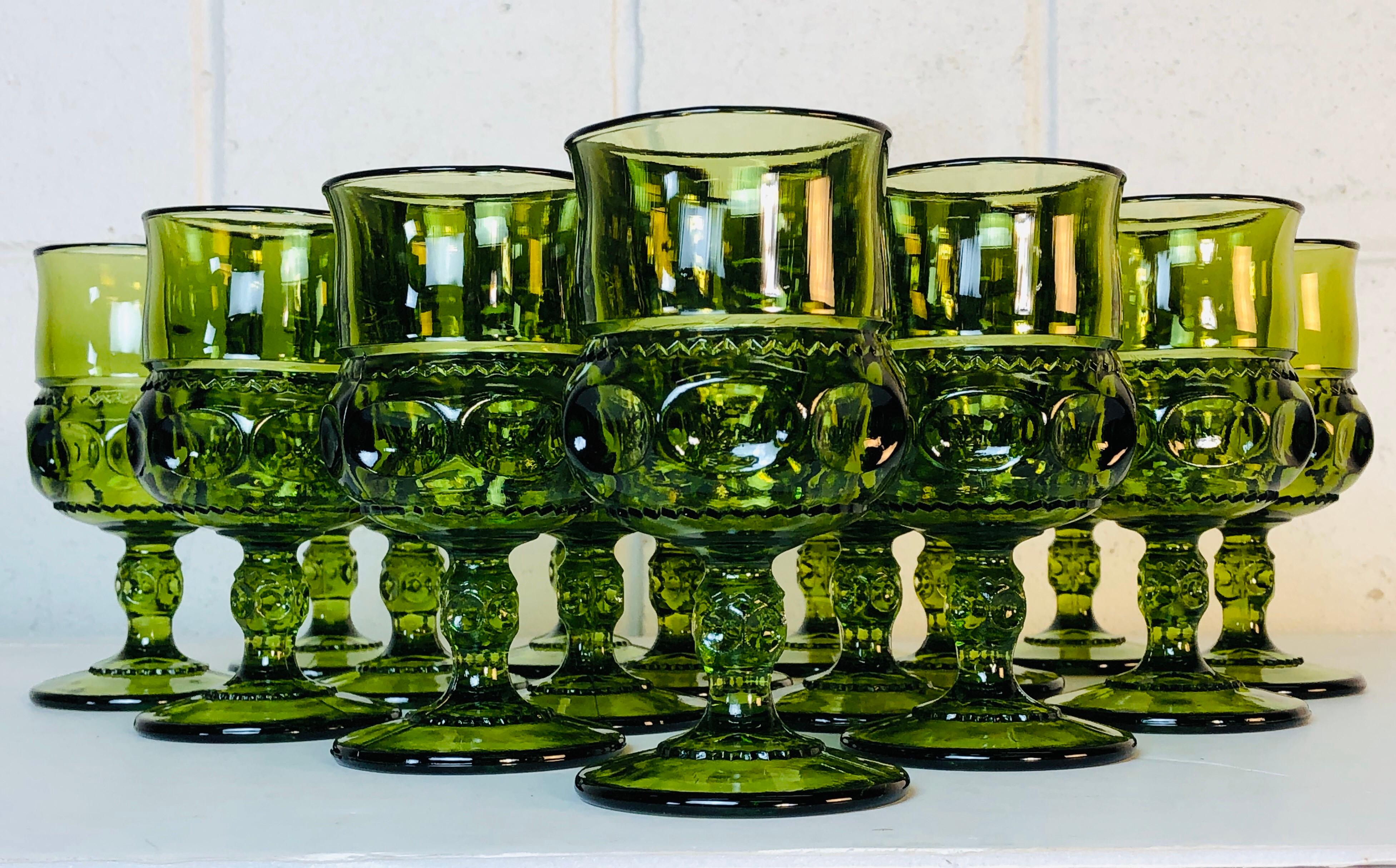 Mid-Century Modern 1960s Green Kings Crown Glass Thumbprint Stems, Set of 16 For Sale