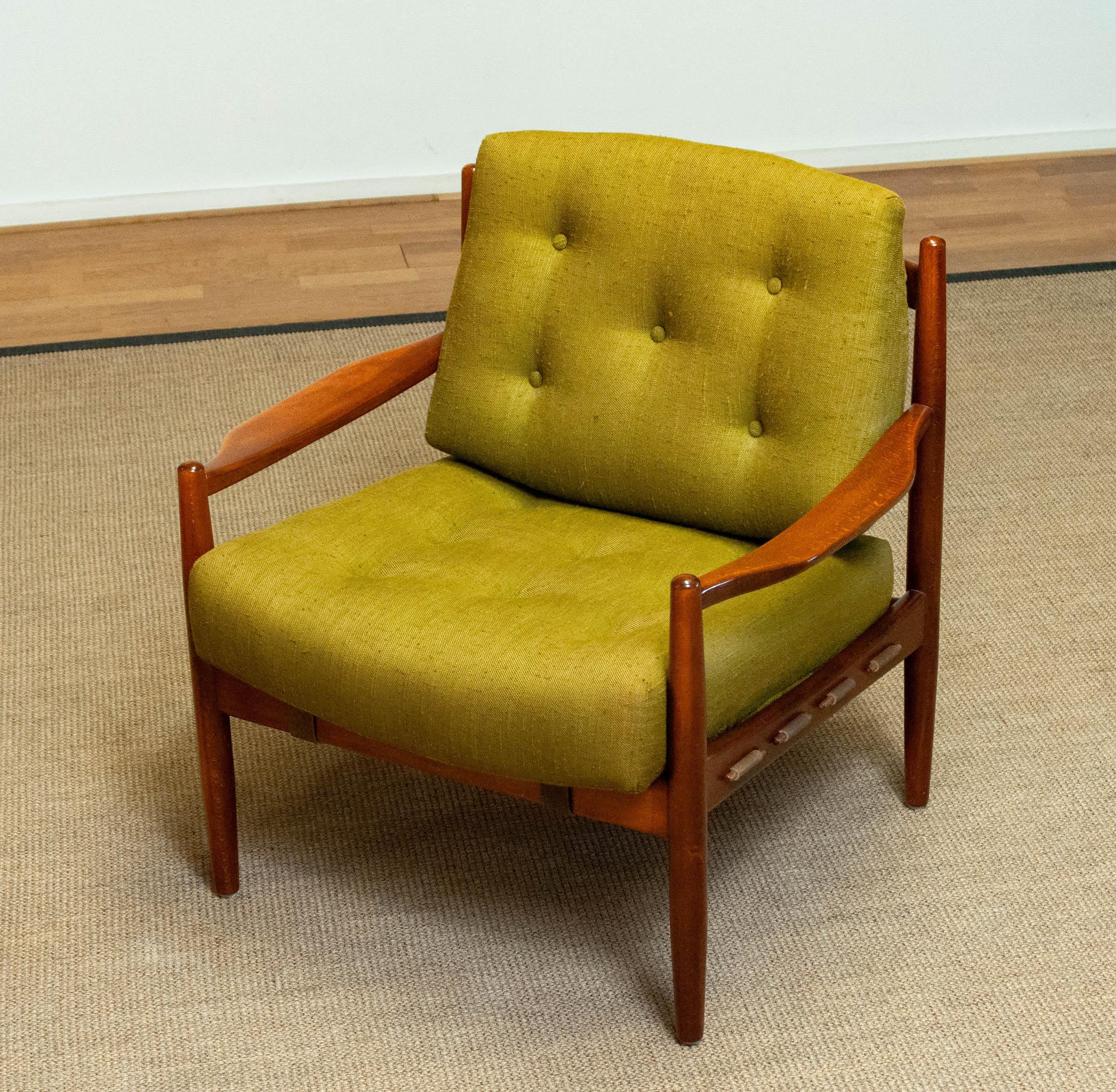 Scandinavian Modern 1960's Green Linen 'Läckö' Lounge Chair by Ingemar Thillmark for OPE Sweden For Sale