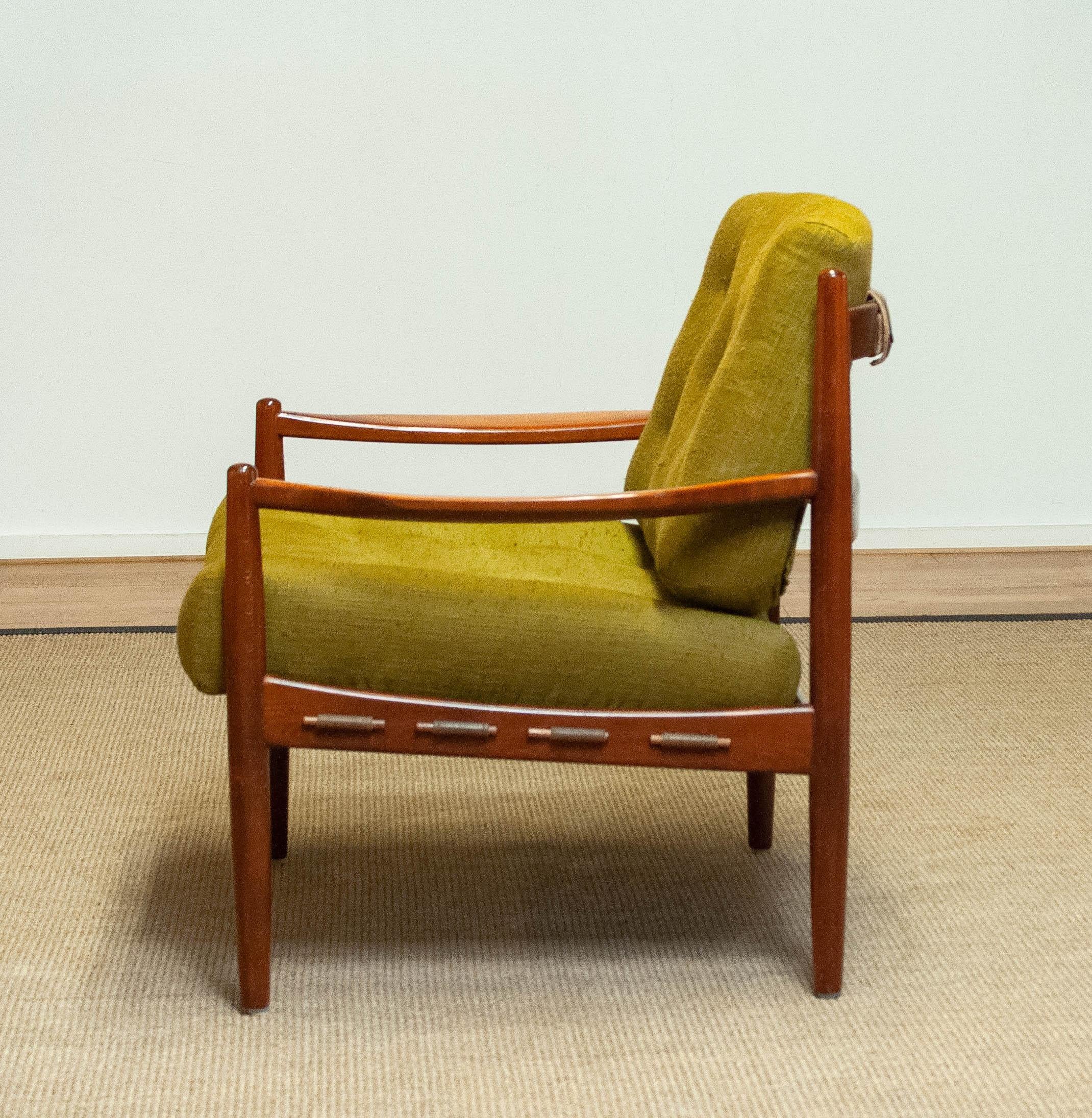 Swedish 1960's Green Linen 'Läckö' Lounge Chair by Ingemar Thillmark for OPE Sweden For Sale