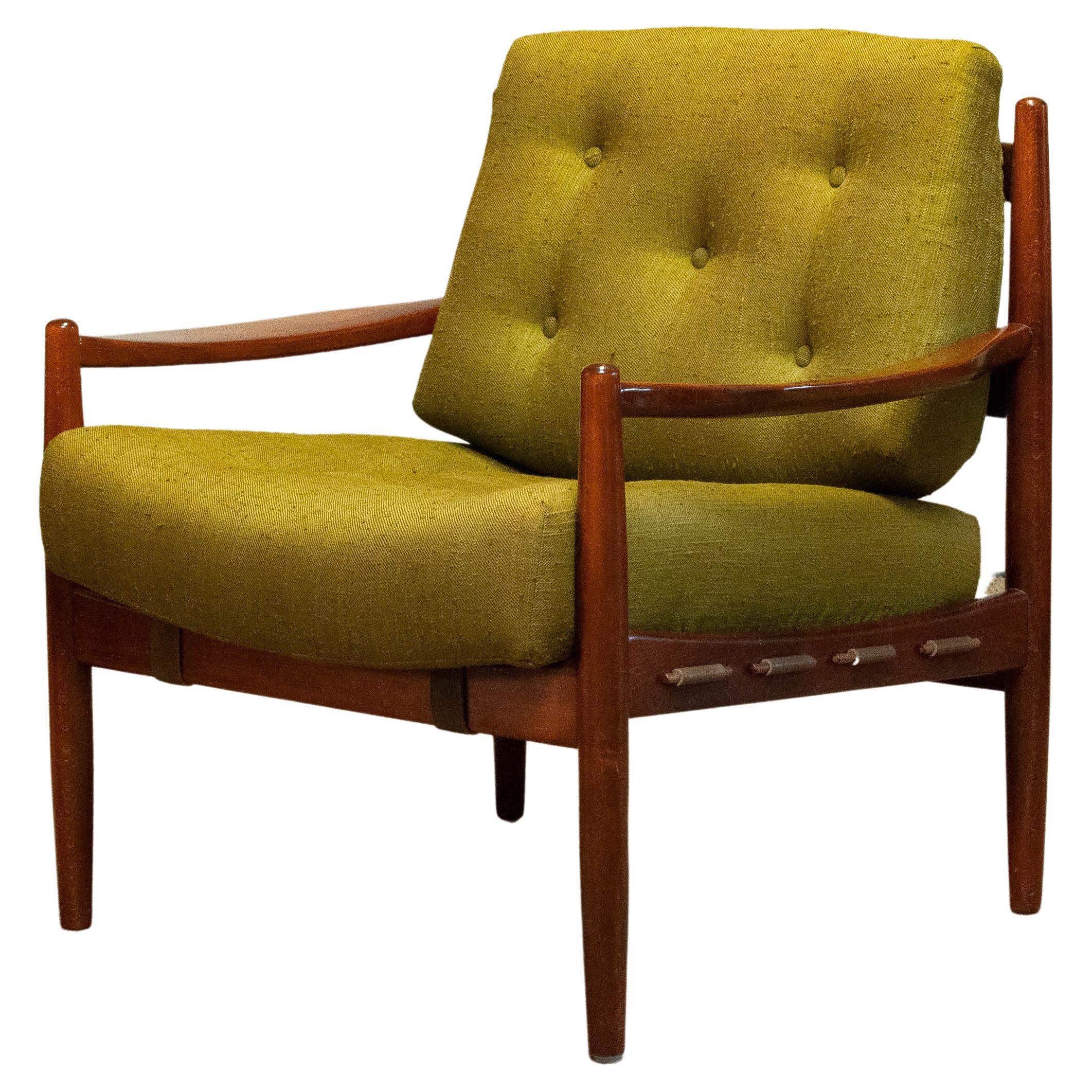 1960's Green Linen 'Läckö' Lounge Chair by Ingemar Thillmark for OPE Sweden For Sale