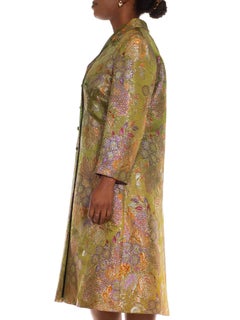 1960S Green Metallic Silk & Lurex Jaquard Cocktail Dress Coat Ensemble