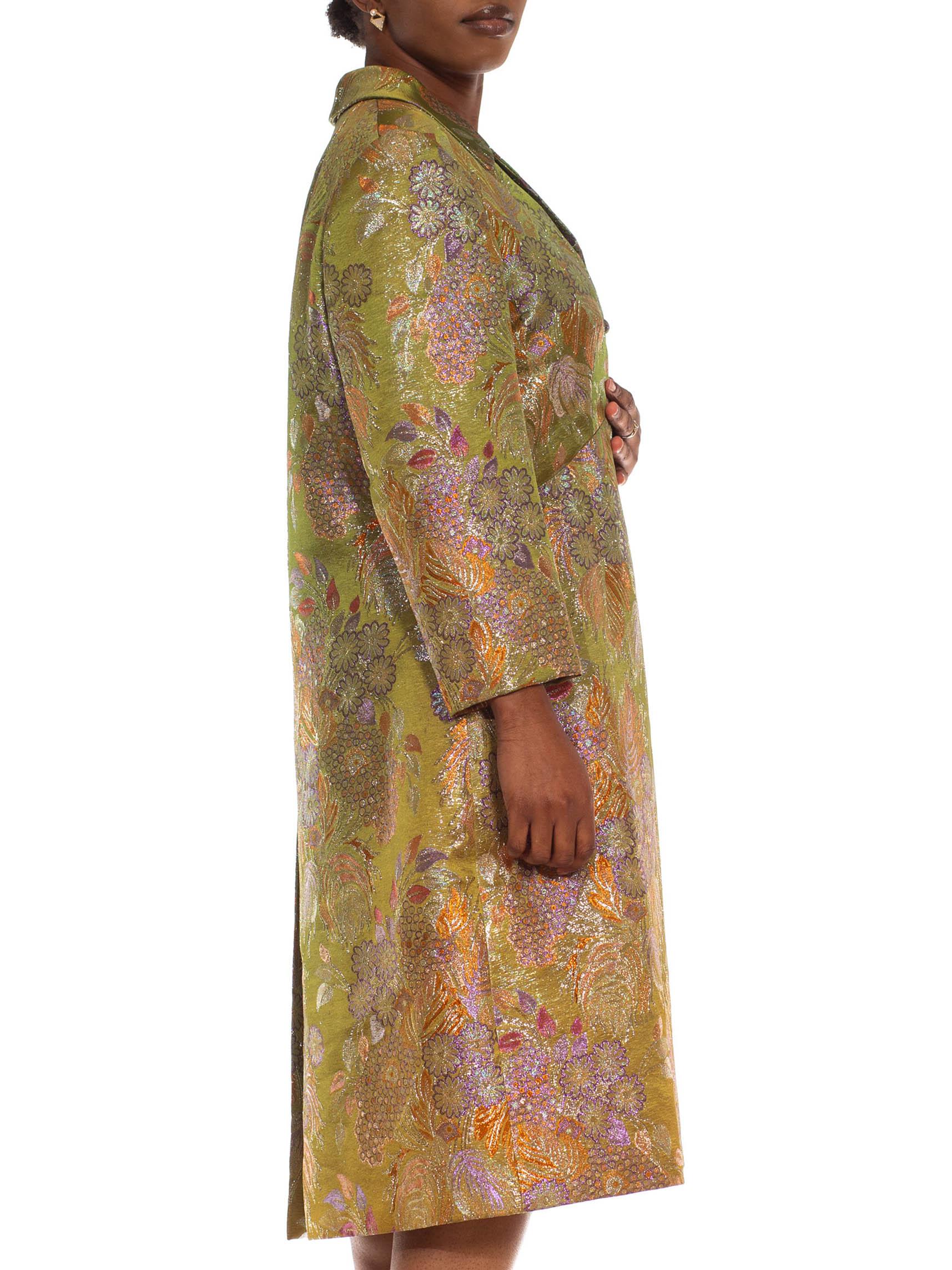 1960S Green Metallic Silk & Lurex Jaquard Cocktail Dress Coat Ensemble In Good Condition For Sale In New York, NY