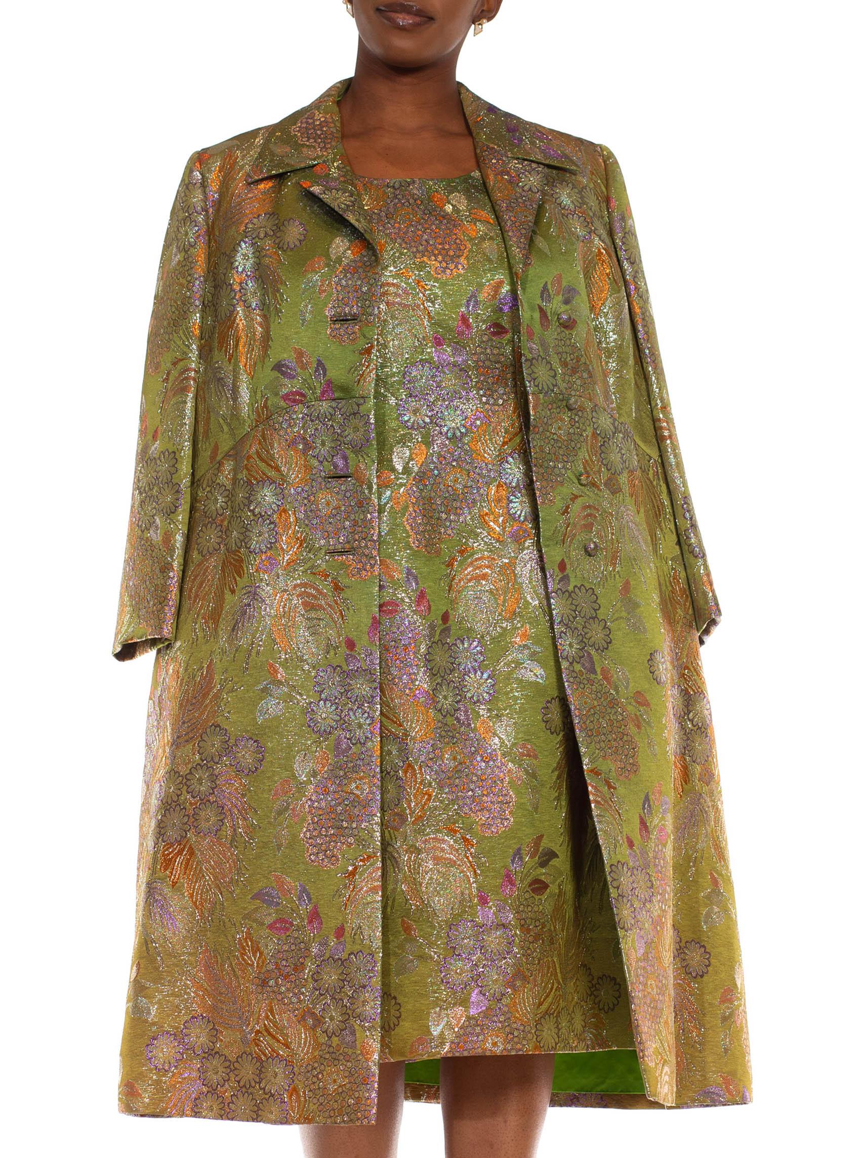 Women's 1960S Green Metallic Silk & Lurex Jaquard Cocktail Dress Coat Ensemble For Sale