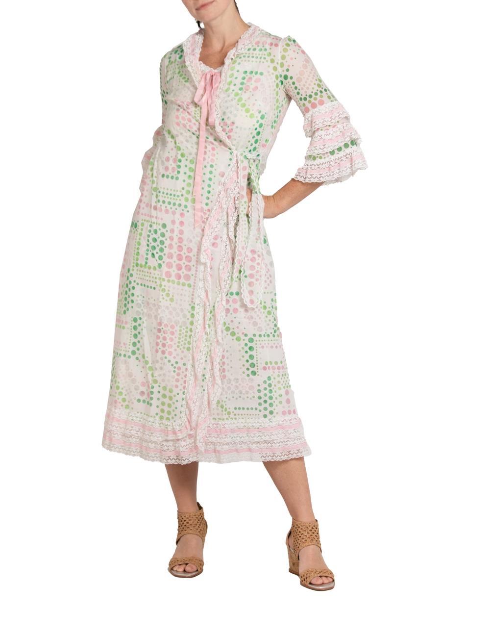 Negligee aus Baumwollmischung in Grün & Rosa aus den 1960er Jahren mit passendem Roben im Angebot 2