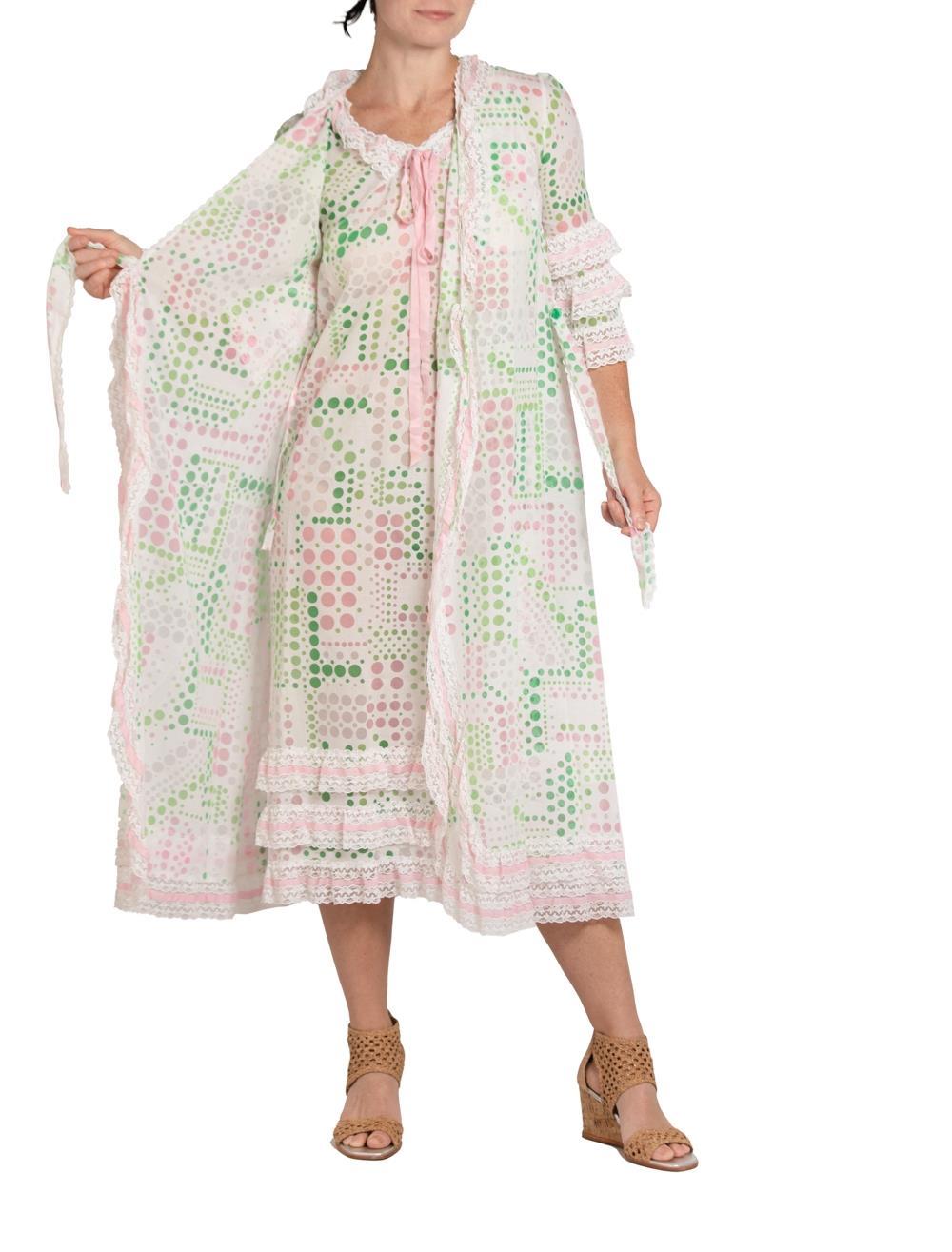 Negligee aus Baumwollmischung in Grün & Rosa aus den 1960er Jahren mit passendem Roben im Angebot 3