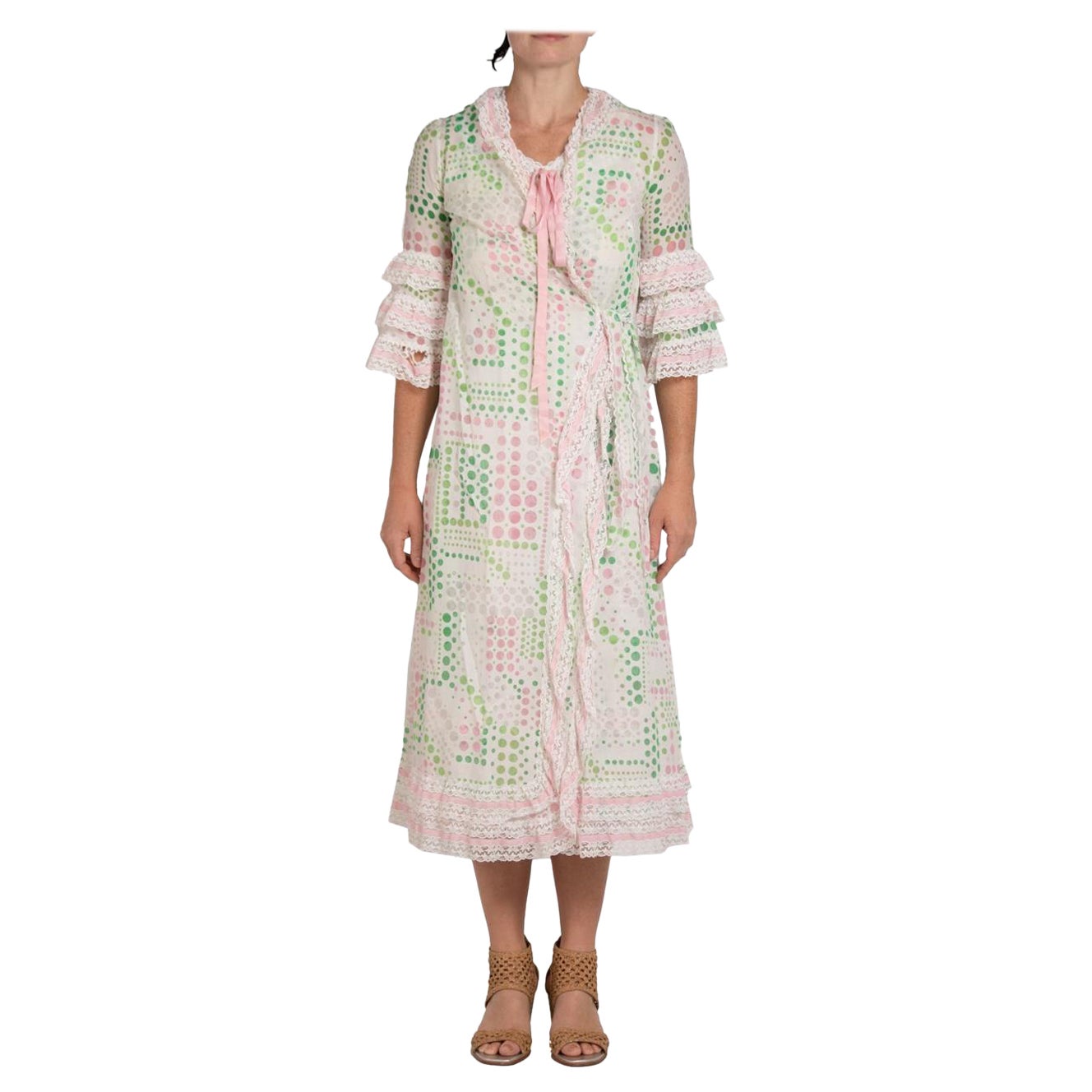 Negligee aus Baumwollmischung in Grün & Rosa aus den 1960er Jahren mit passendem Roben