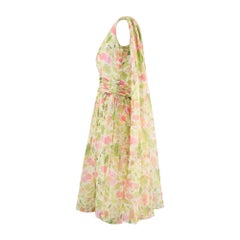 1960s Green Pink Floral Chiffon Dress with Scarf Detail