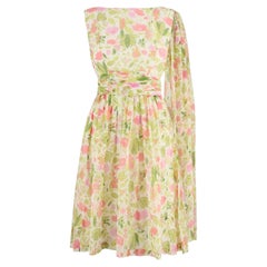1960s Green Pink Floral Chiffon Dress with Scarf Detail