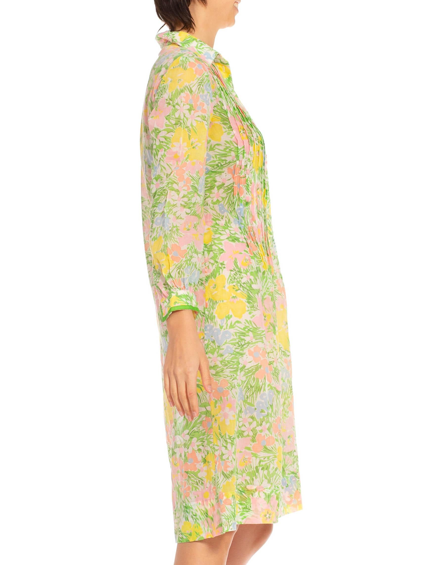 Beige 1960S Green & Pink Multi Cotton Spring Floral Shirt Dress For Sale