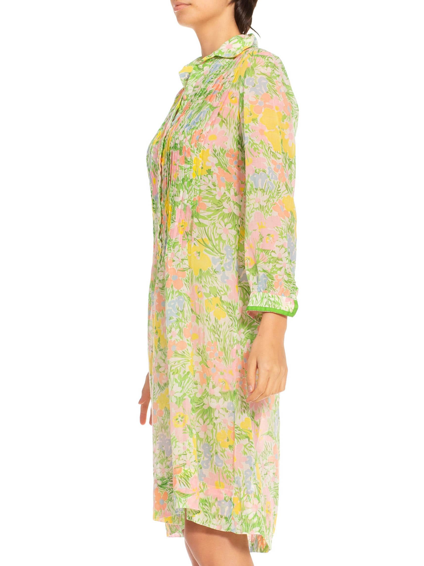 Women's 1960S Green & Pink Multi Cotton Spring Floral Shirt Dress For Sale