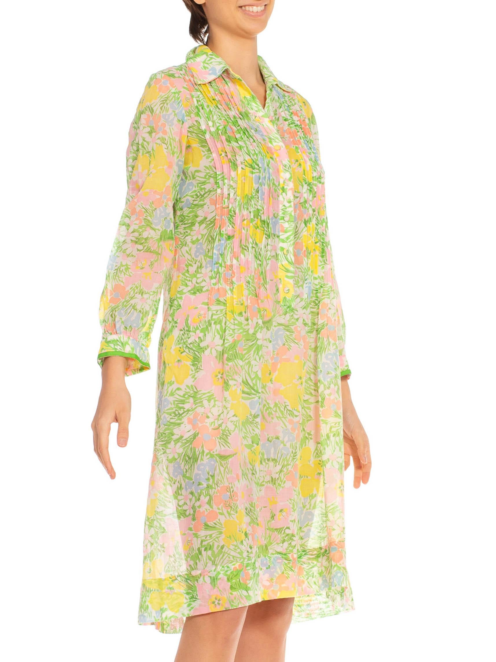 1960S Green & Pink Multi Cotton Spring Floral Shirt Dress For Sale 1